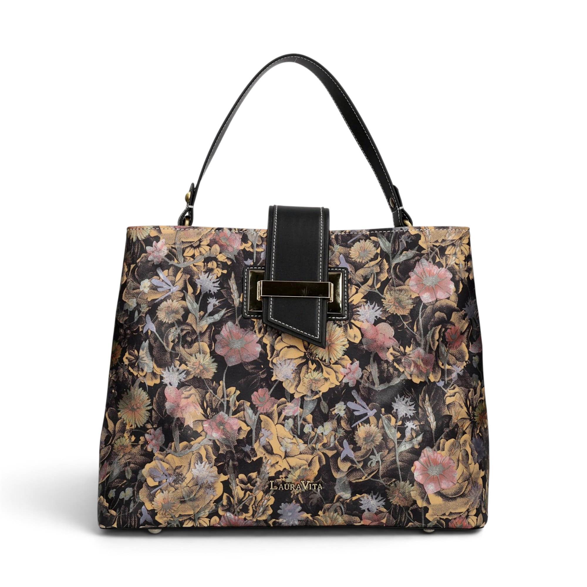 Geantă damă Laura Vita ADRIA 02 Noir – imprimeu floral, geantă de mână și umăr, 29 × 23 × 15 cm