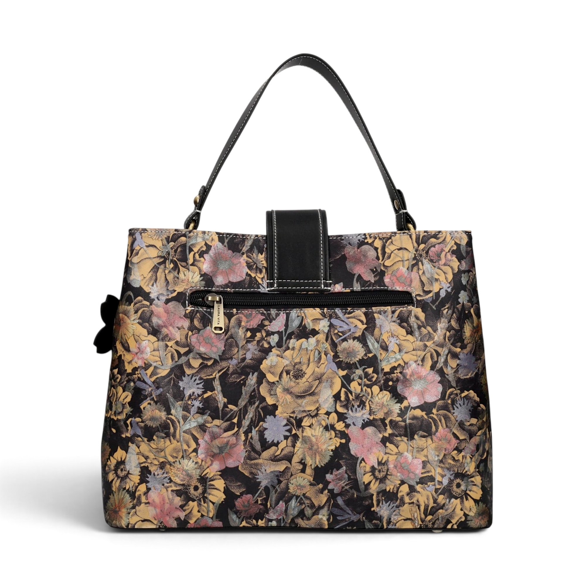 Geantă damă Laura Vita ADRIA 02 Noir – imprimeu floral, geantă de mână și umăr, 29 × 23 × 15 cm