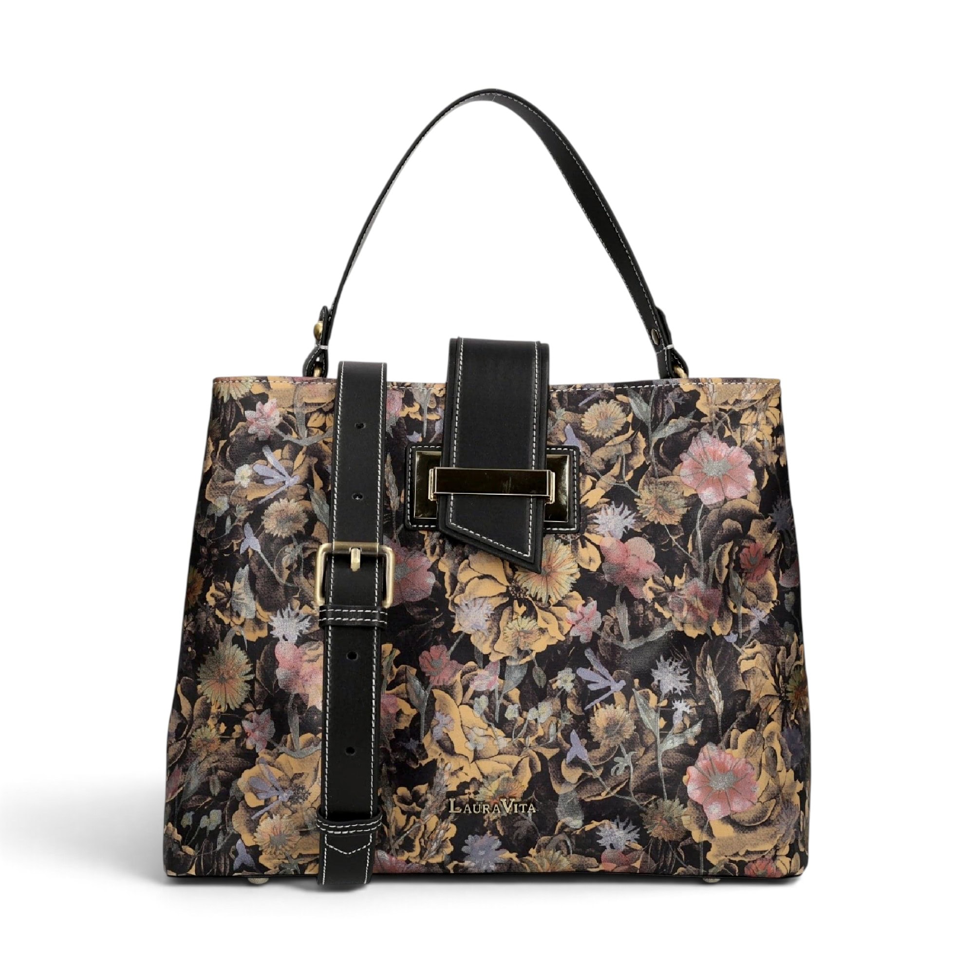 Geantă damă Laura Vita ADRIA 02 Noir – imprimeu floral, geantă de mână și umăr, 29 × 23 × 15 cm