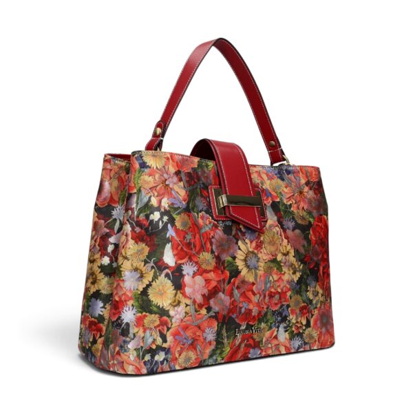 Geantă damă Laura Vita ADRIA 02 Rouge – imprimeu floral, geantă de mână și umăr, 29 × 23 × 15 cm