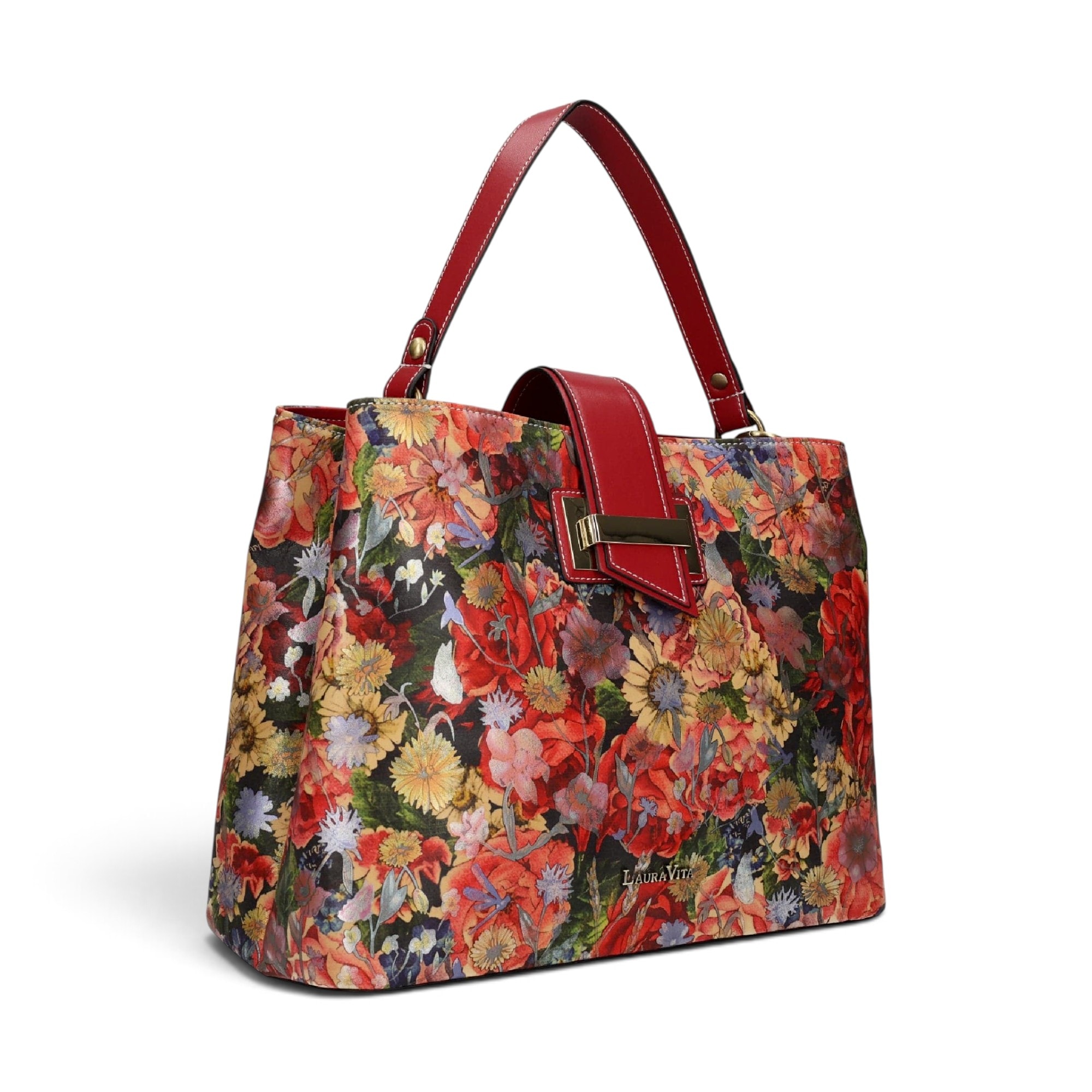 Geantă damă Laura Vita ADRIA 02 Rouge – imprimeu floral, geantă de mână și umăr, 29 × 23 × 15 cm