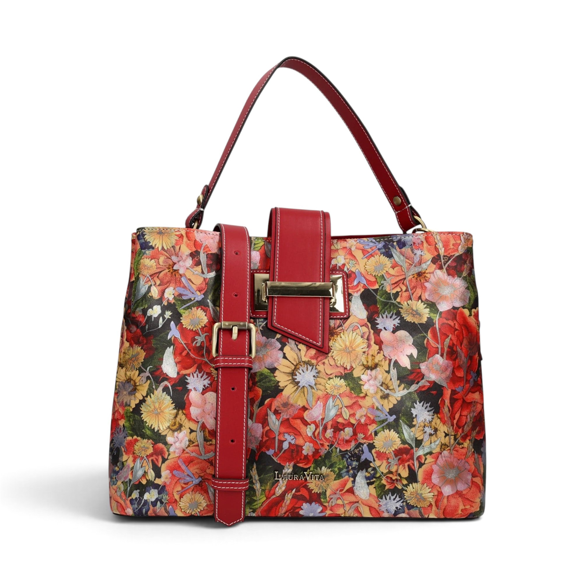 Geantă damă Laura Vita ADRIA 02 Rouge – imprimeu floral, geantă de mână și umăr, 29 × 23 × 15 cm