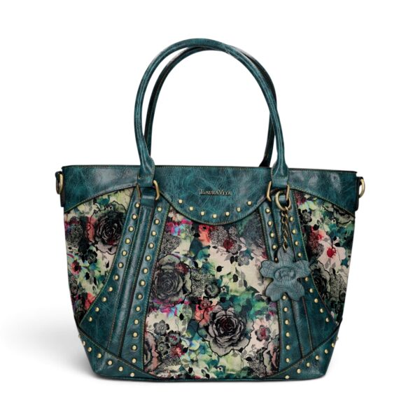 Geantă damă Laura Vita AMBER 05 Bleu – imprimeu floral, geantă de mână și umăr, 37 × 29 × 13 cm