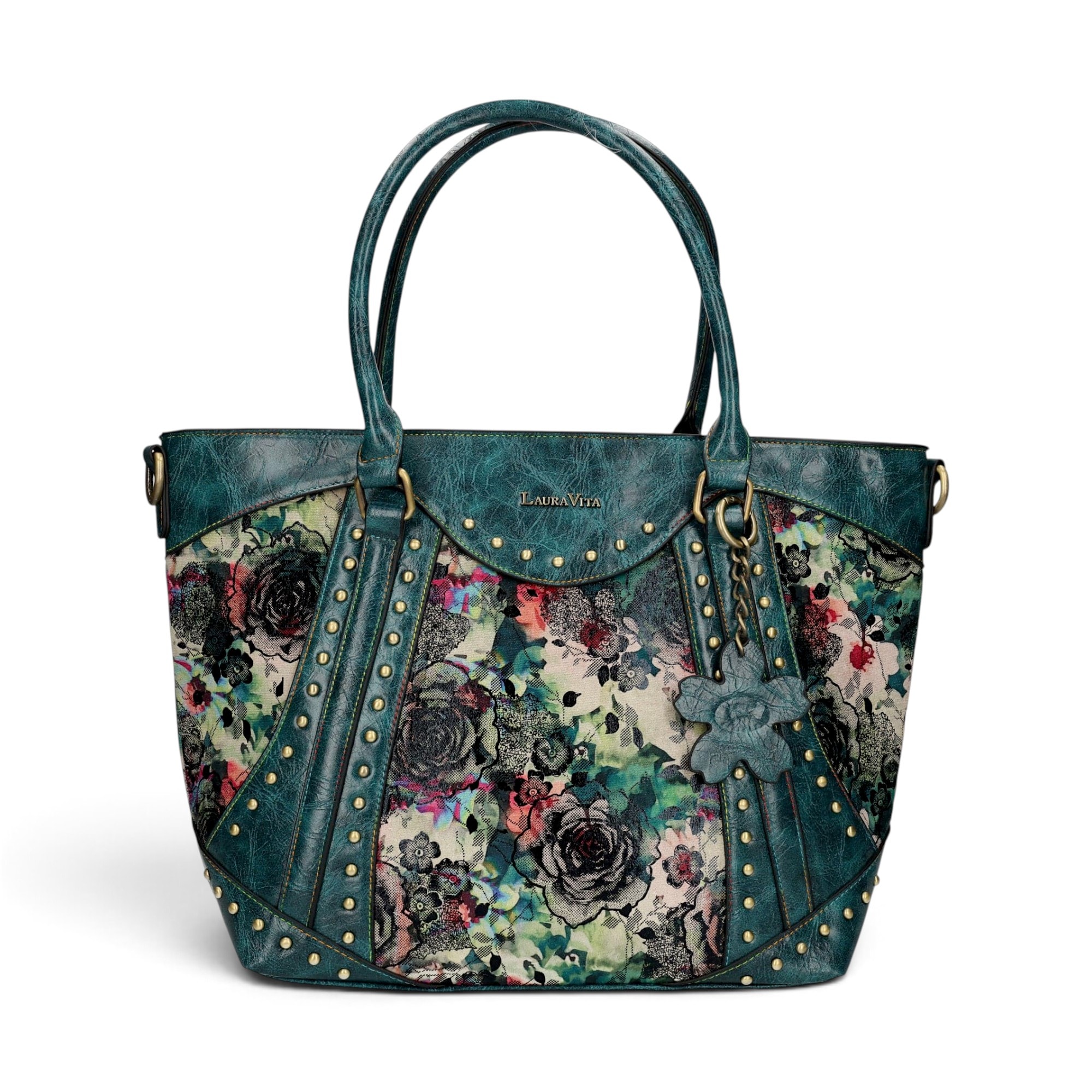 Geantă damă Laura Vita AMBER 05 Bleu – imprimeu floral, geantă de mână și umăr, 37 × 29 × 13 cm