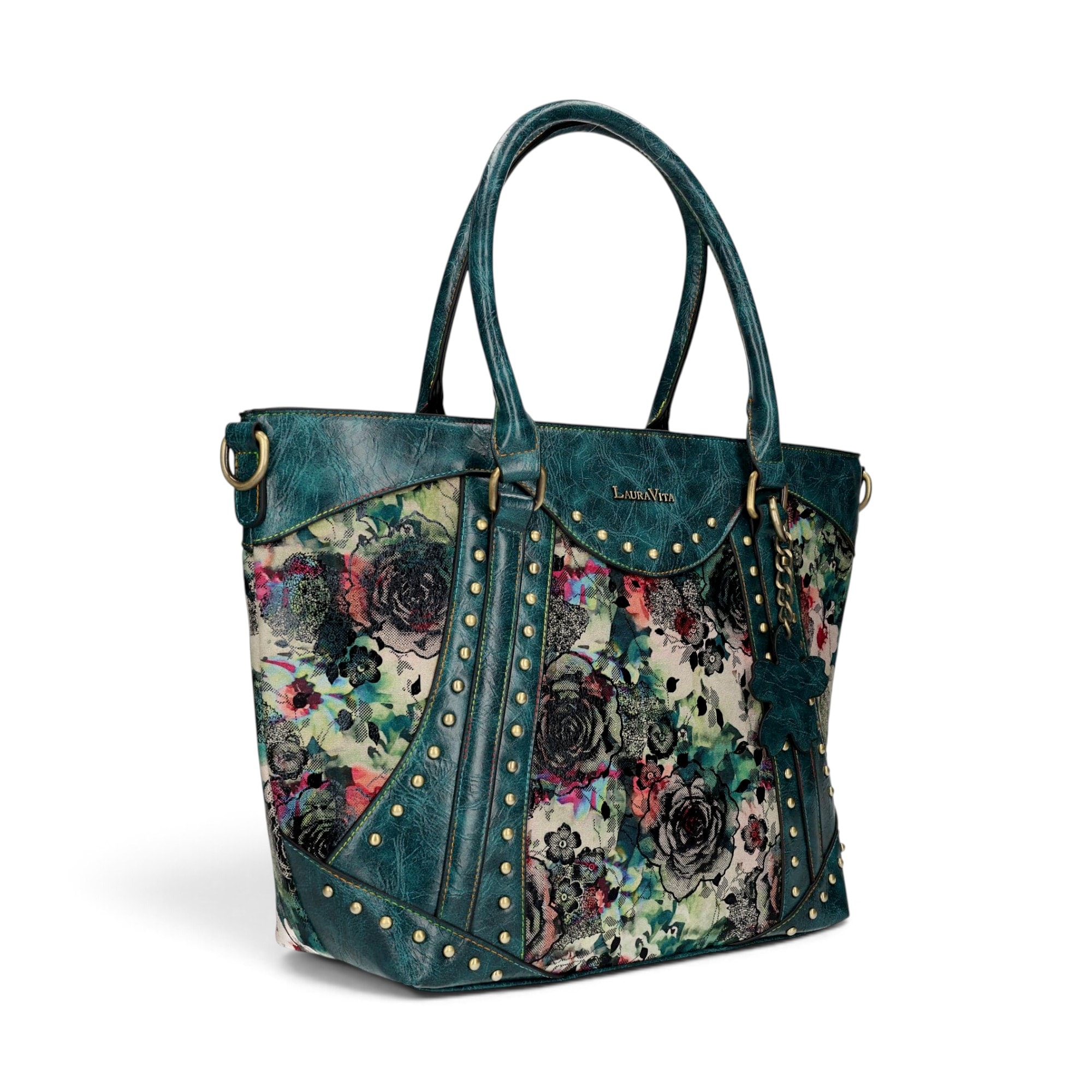Geantă damă Laura Vita AMBER 05 Bleu – imprimeu floral, geantă de mână și umăr, 37 × 29 × 13 cm