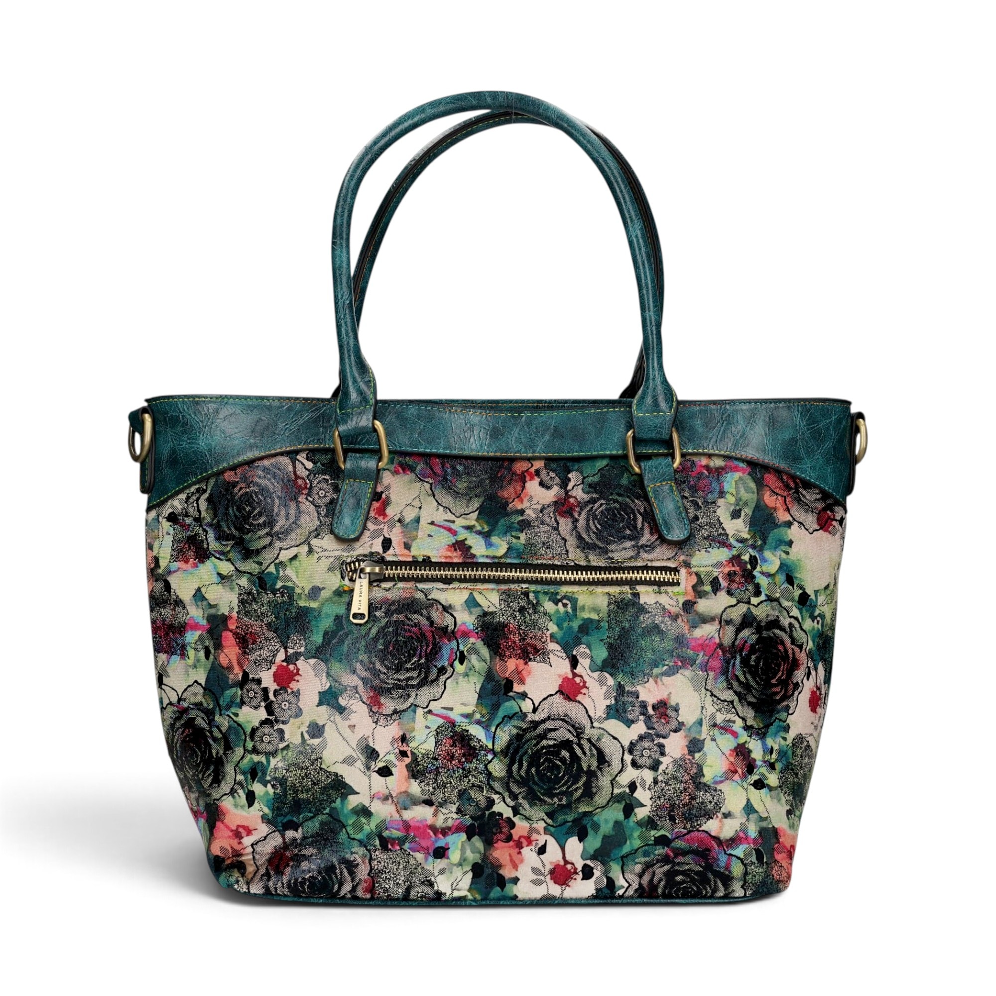 Geantă damă Laura Vita AMBER 05 Bleu – imprimeu floral, geantă de mână și umăr, 37 × 29 × 13 cm
