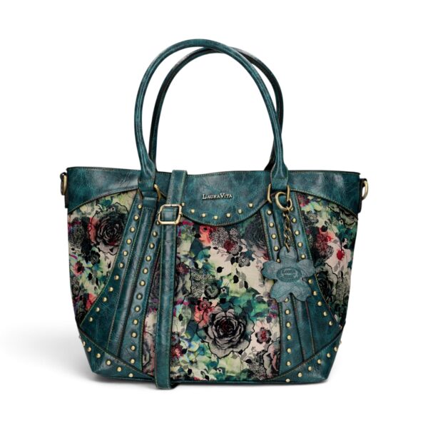 Geantă damă Laura Vita AMBER 05 Bleu – imprimeu floral, geantă de mână și umăr, 37 × 29 × 13 cm