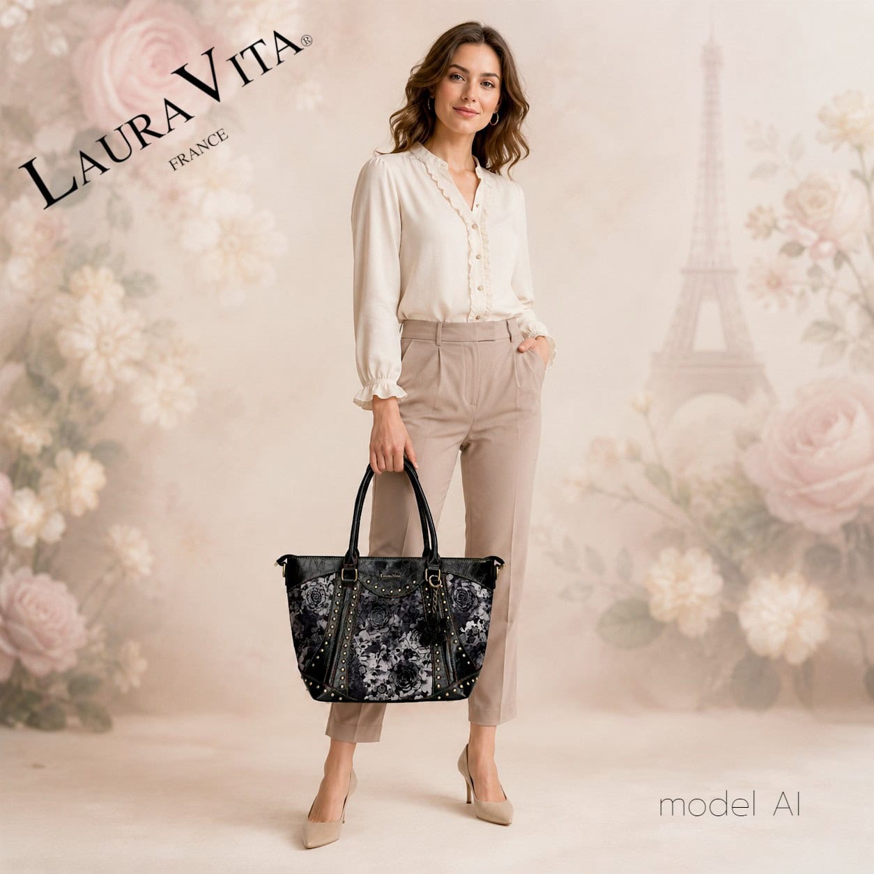 Geantă damă Laura Vita AMBER 05 Noir – imprimeu floral, geantă de mână și umăr, 37 × 29 × 13 cm