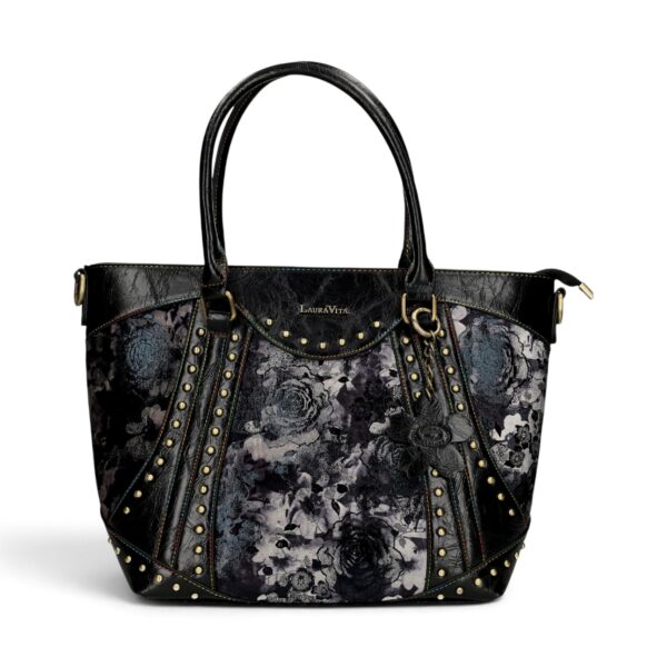 Geantă damă Laura Vita AMBER 05 Noir – imprimeu floral, geantă de mână și umăr, 37 × 29 × 13 cm