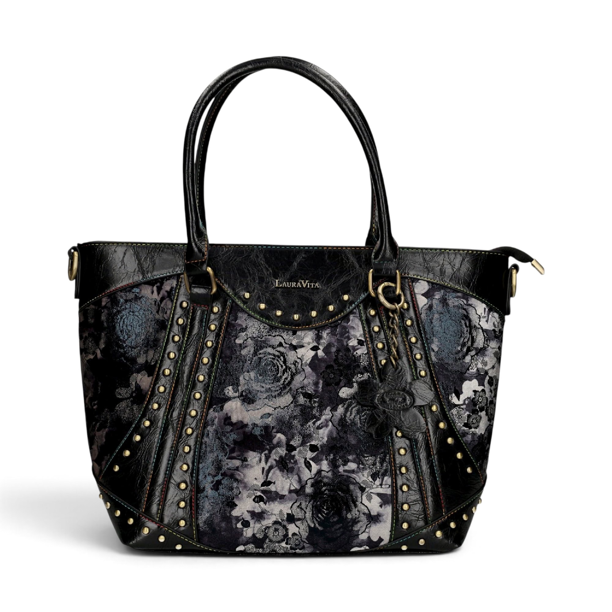 Geantă damă Laura Vita AMBER 05 Noir – imprimeu floral, geantă de mână și umăr, 37 × 29 × 13 cm