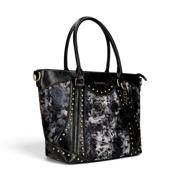 Geantă damă Laura Vita AMBER 05 Noir – imprimeu floral, geantă de mână și umăr, 37 × 29 × 13 cm