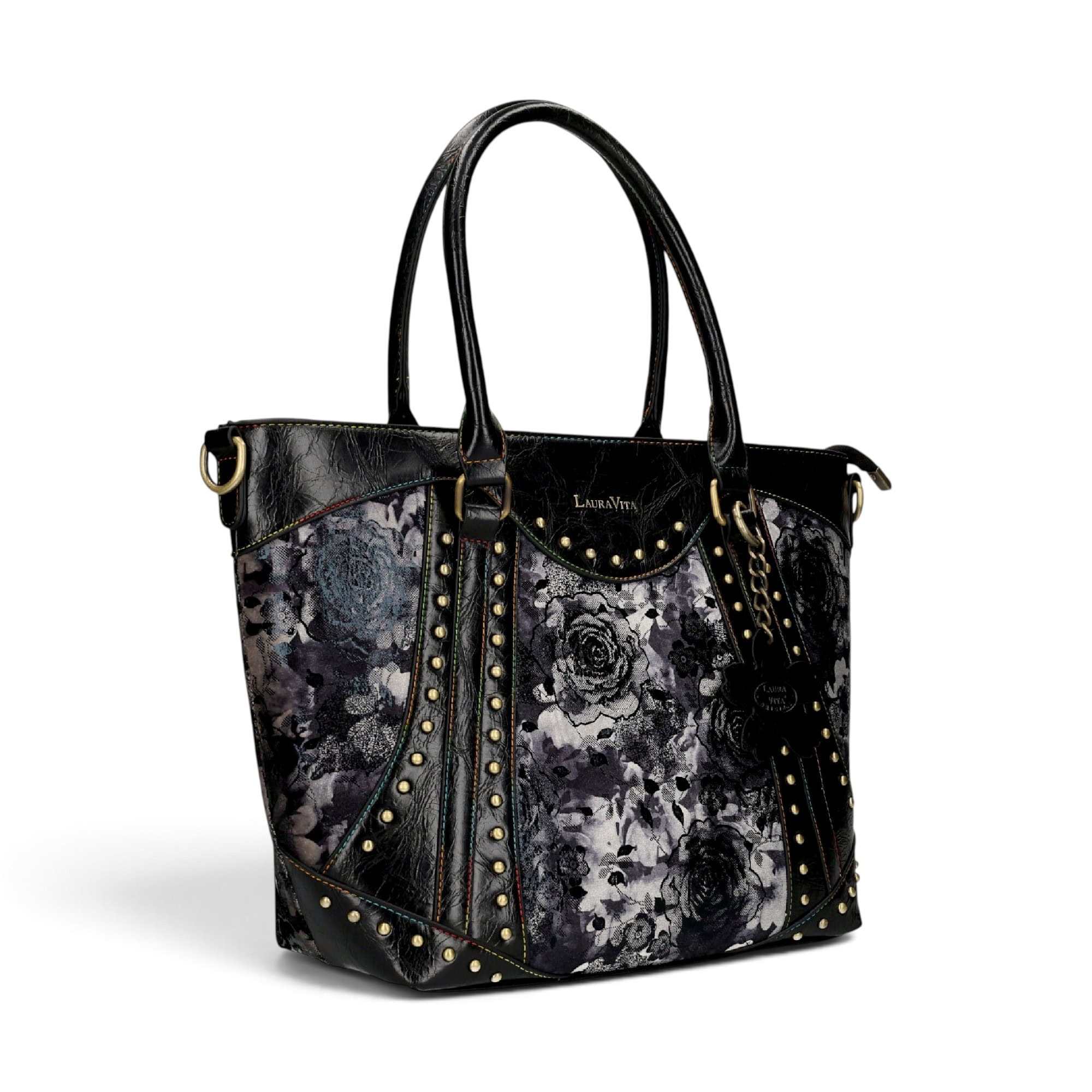 Geantă damă Laura Vita AMBER 05 Noir – imprimeu floral, geantă de mână și umăr, 37 × 29 × 13 cm