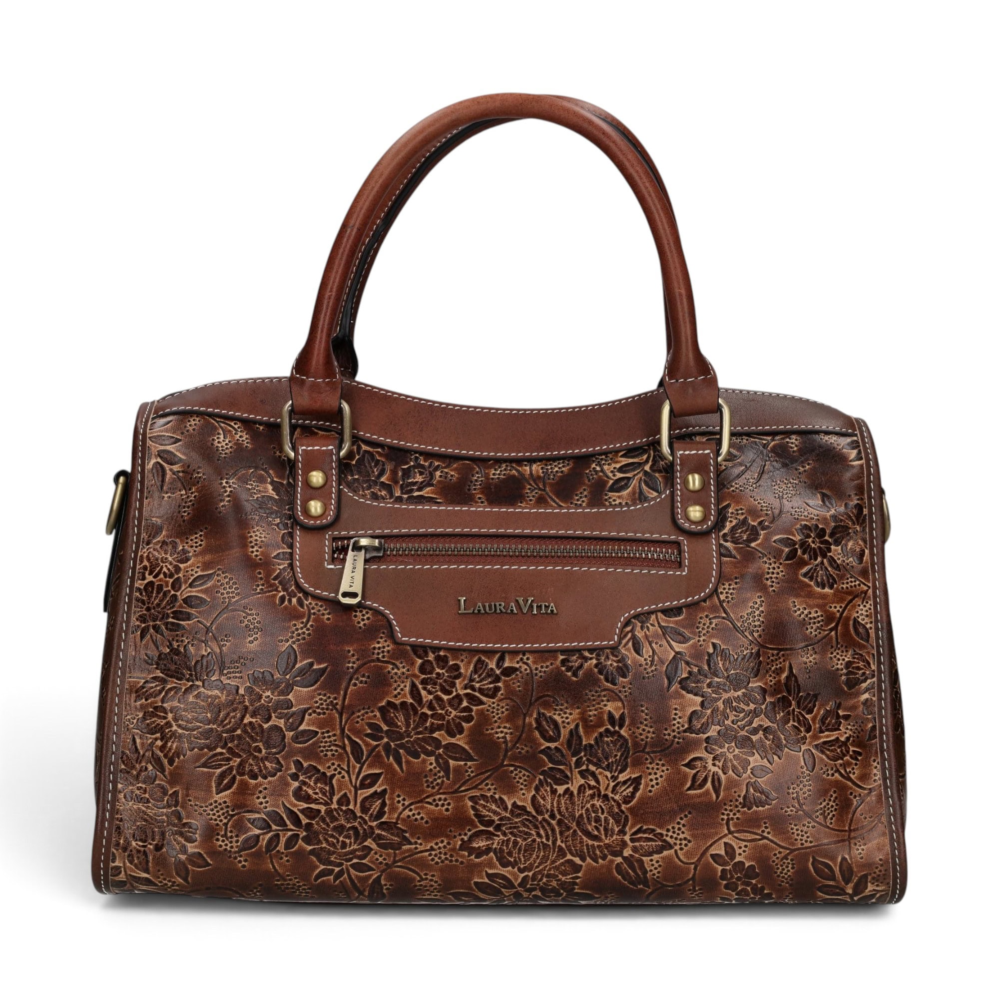 Geantă damă Laura Vita AVA 01 Choco – piele naturală pictată manual, geantă de mână și crossbody, 33 × 21 × 15 cm