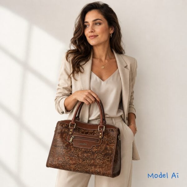 Geantă damă Laura Vita AVA 01 Choco – piele naturală pictată manual, geantă de mână și crossbody, 33 × 21 × 15 cm