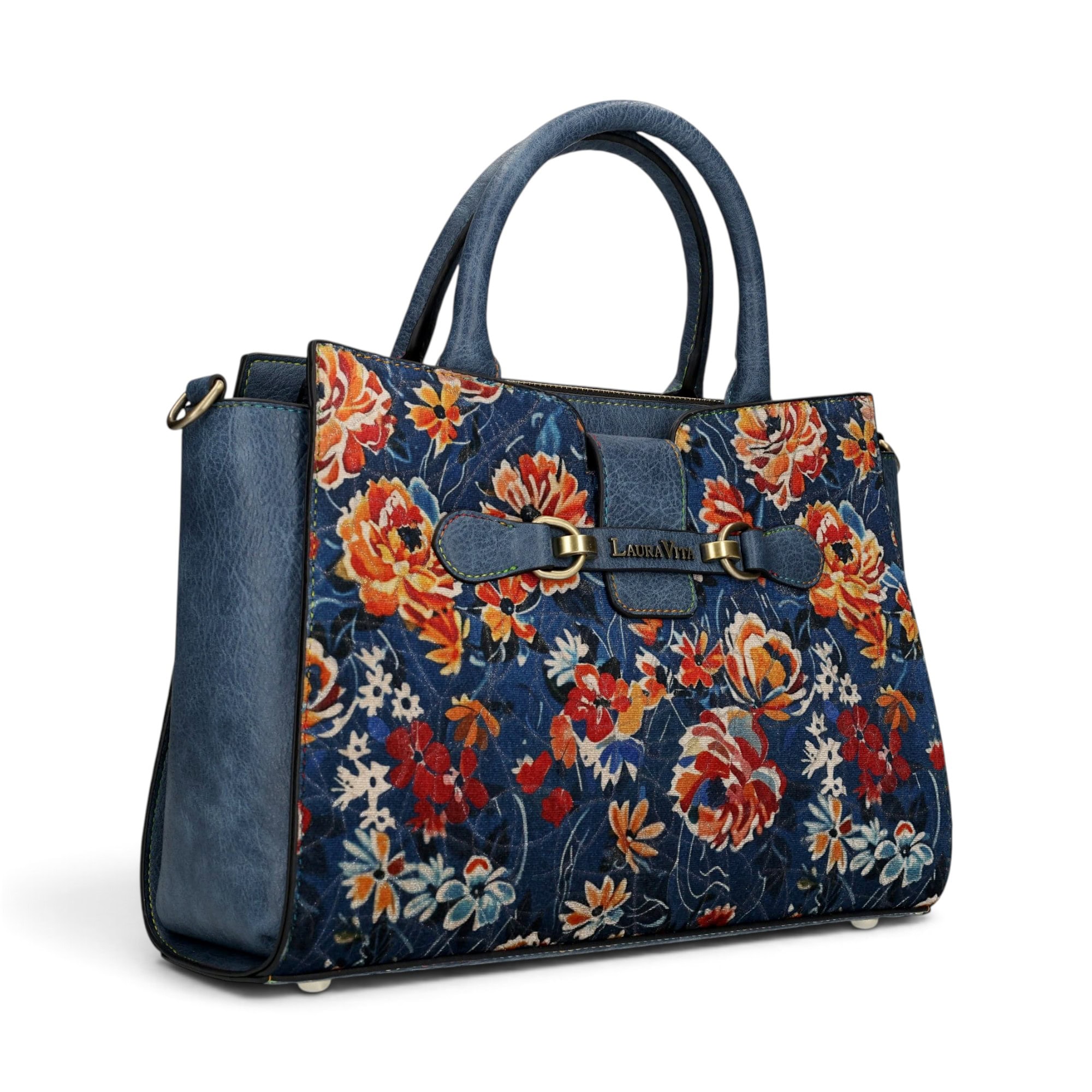Geantă damă Laura Vita AYNA 03 Bleu – imprimeu floral, geantă de umăr și crossbody, 30 × 20 × 9 cm