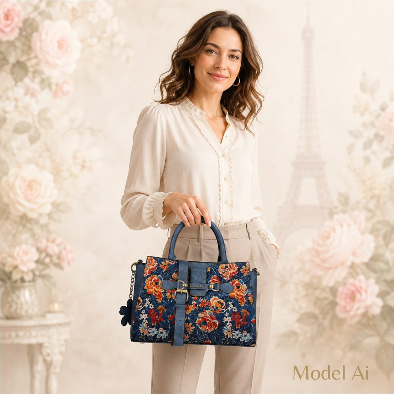 Geantă damă Laura Vita AYNA 03 Bleu – imprimeu floral, geantă de umăr și crossbody, 30 × 20 × 9 cm