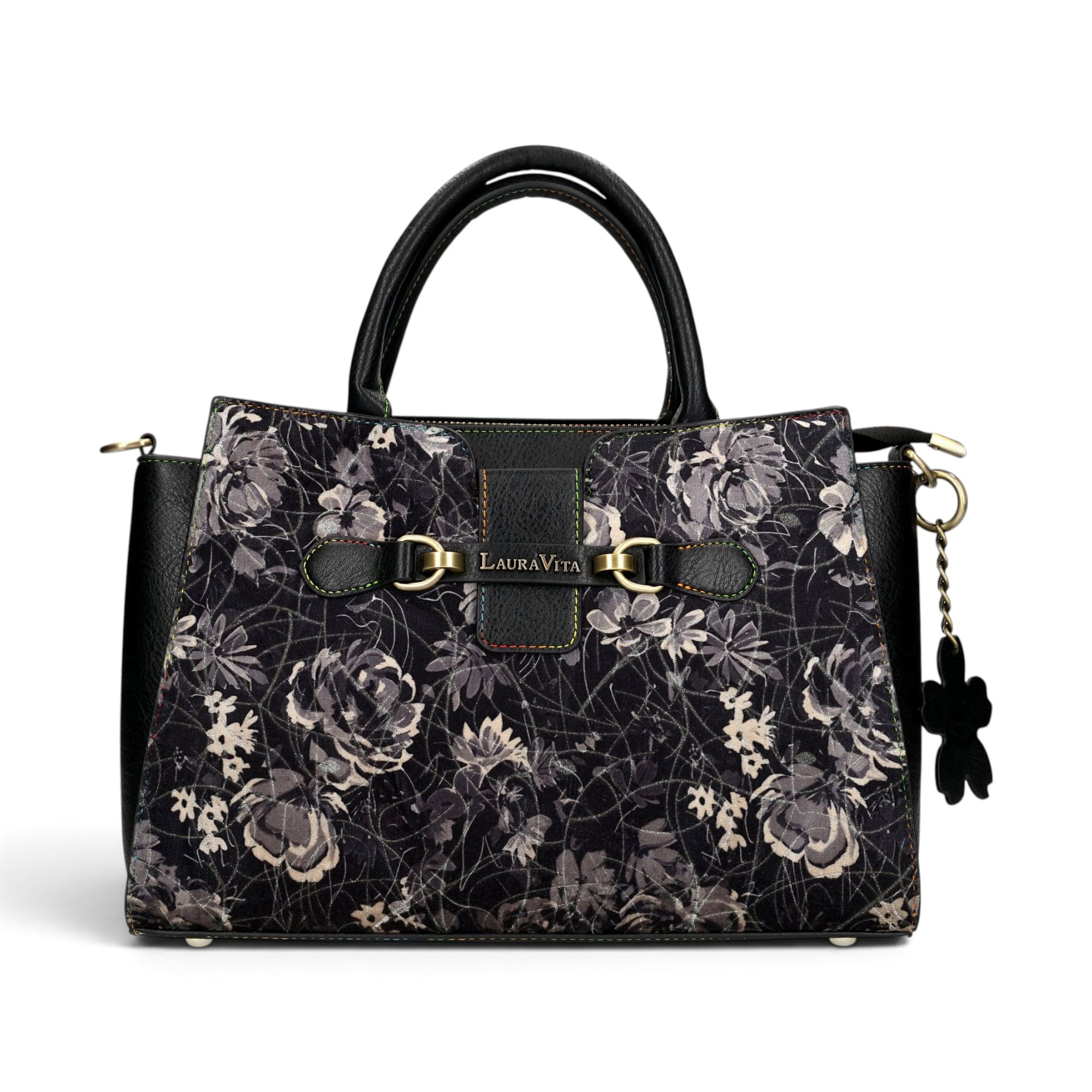 Geantă damă Laura Vita AYNA 03 Noir – imprimeu floral, geantă de umăr și crossbody, 30 × 20 × 9 cm