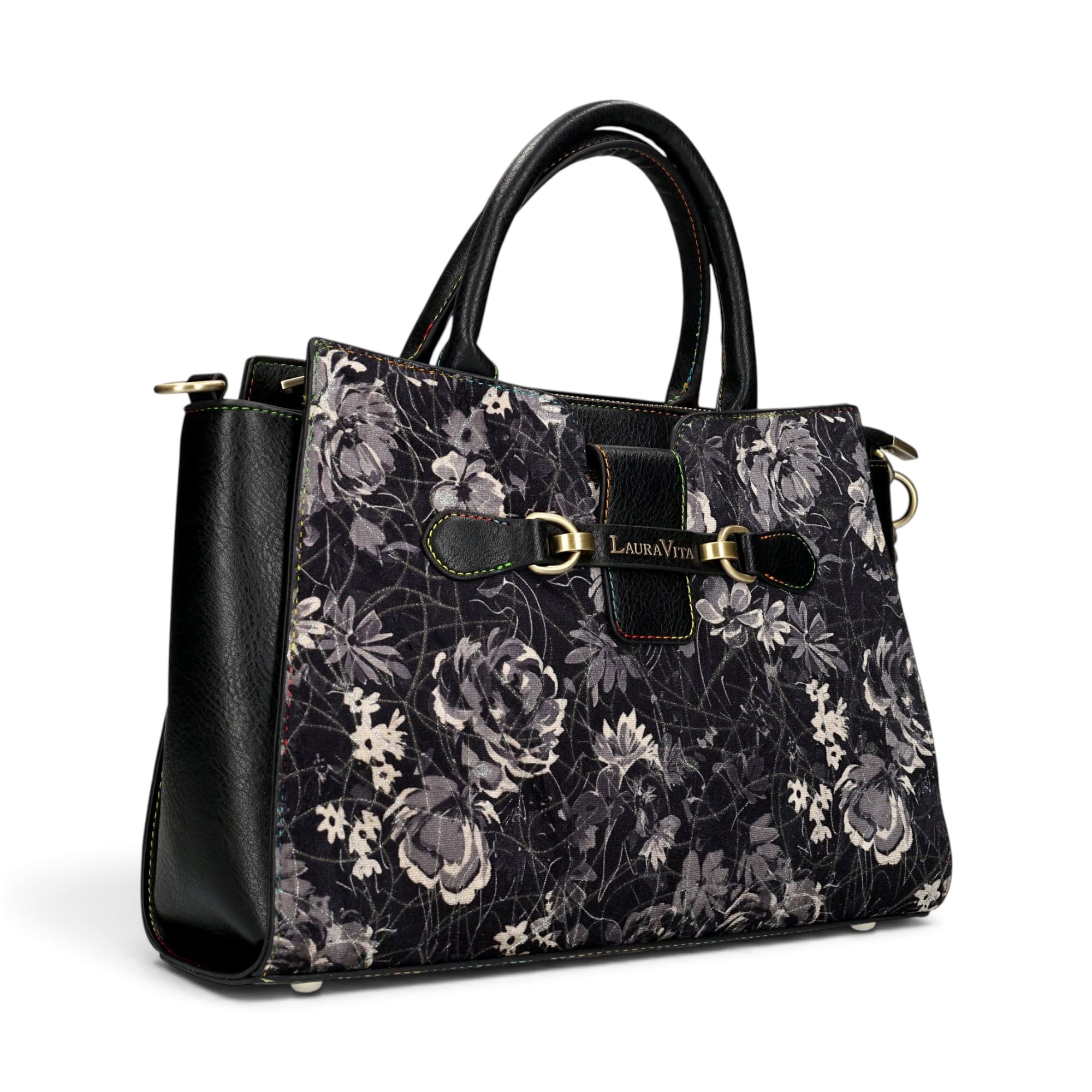 Geantă damă Laura Vita AYNA 03 Noir – imprimeu floral, geantă de umăr și crossbody, 30 × 20 × 9 cm