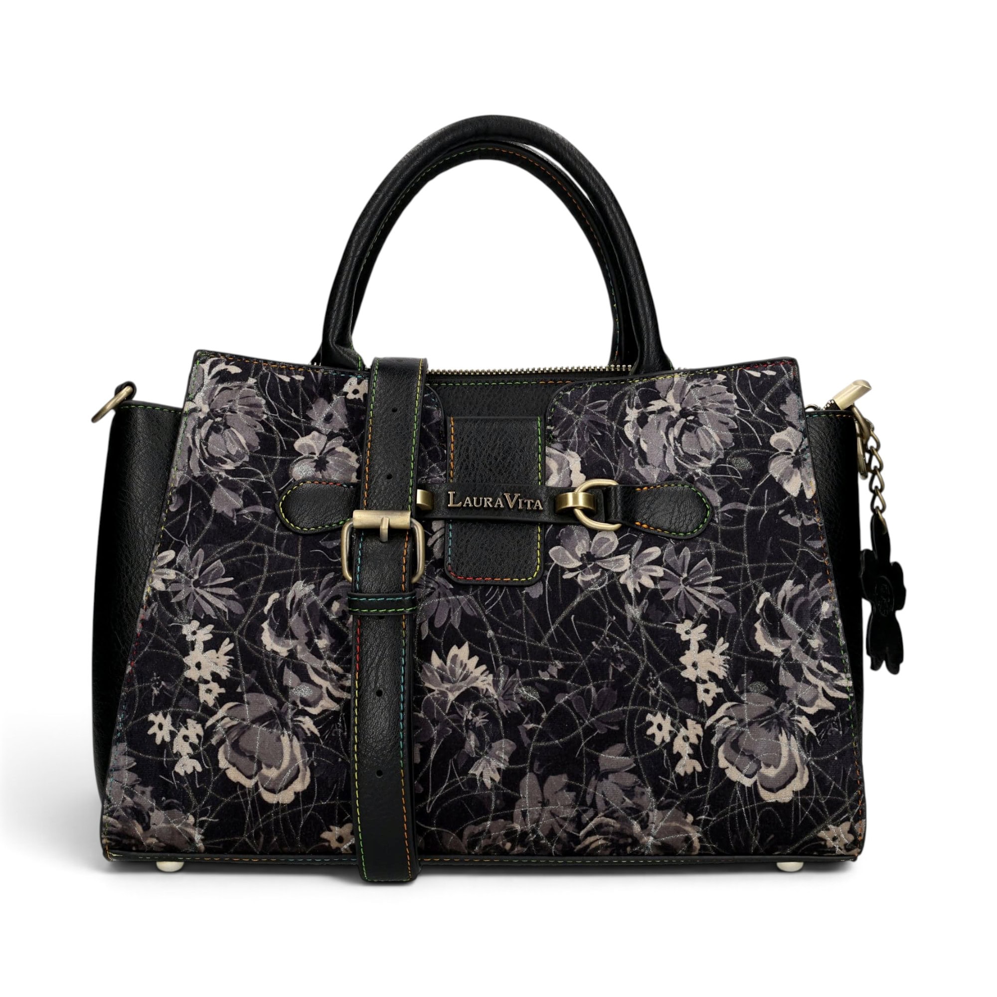 Geantă damă Laura Vita AYNA 03 Noir – imprimeu floral, geantă de umăr și crossbody, 30 × 20 × 9 cm