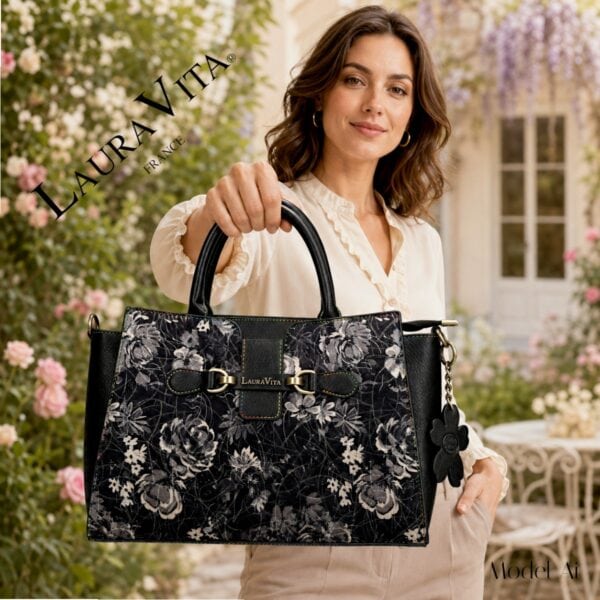 Geantă damă Laura Vita AYNA 03 Noir – imprimeu floral, geantă de umăr și crossbody, 30 × 20 × 9 cm