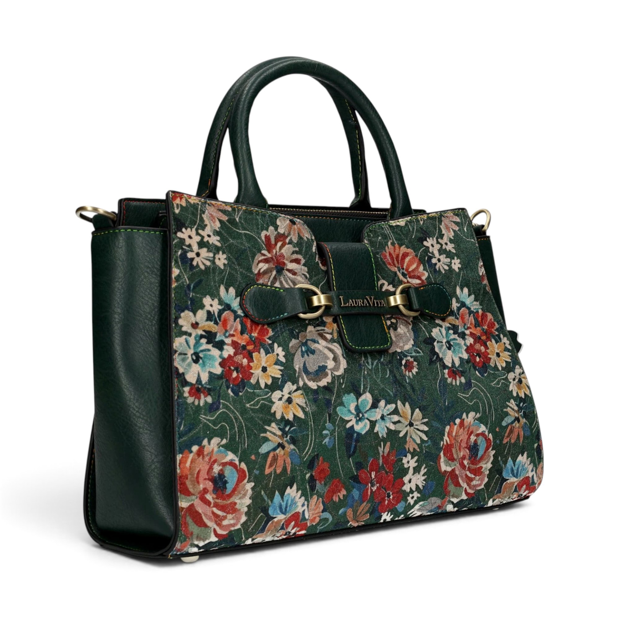 Geantă damă Laura Vita AYNA 03 Vert – imprimeu floral, geantă de umăr și crossbody, 30 × 20 × 9 cm