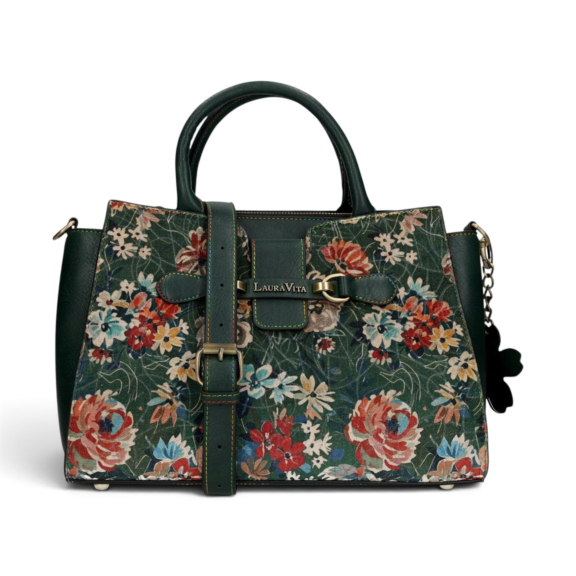 Geantă damă Laura Vita AYNA 03 Vert – imprimeu floral, geantă de umăr și crossbody, 30 × 20 × 9 cm
