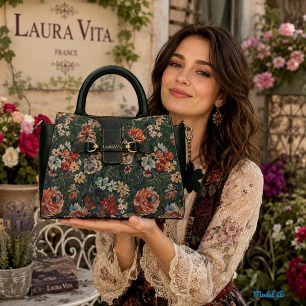 Geantă damă Laura Vita AYNA 03 Vert – imprimeu floral, geantă de umăr și crossbody, 30 × 20 × 9 cm