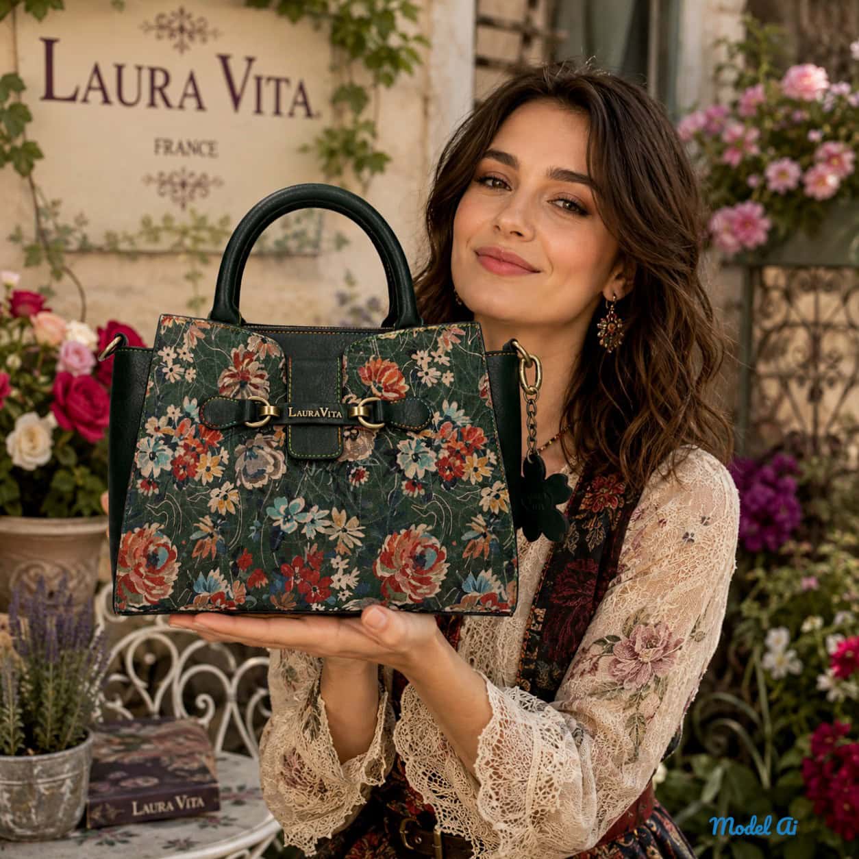 Geantă damă Laura Vita AYNA 03 Vert – imprimeu floral, geantă de umăr și crossbody, 30 × 20 × 9 cm