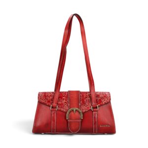 Geantă damă Laura Vita BAYA 01 Wine – piele naturală pictată manual, geantă de umăr și crossbody, 33 × 18 × 15 cm