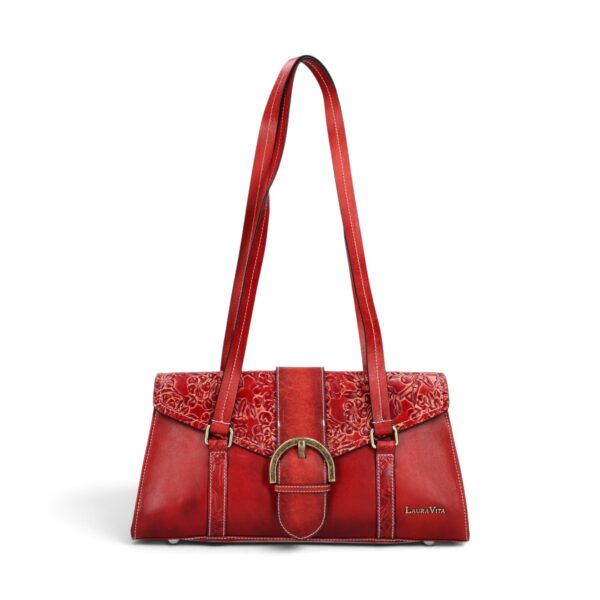 Geantă damă Laura Vita BAYA 01 Wine – piele naturală pictată manual, geantă de umăr și crossbody, 33 × 18 × 15 cm