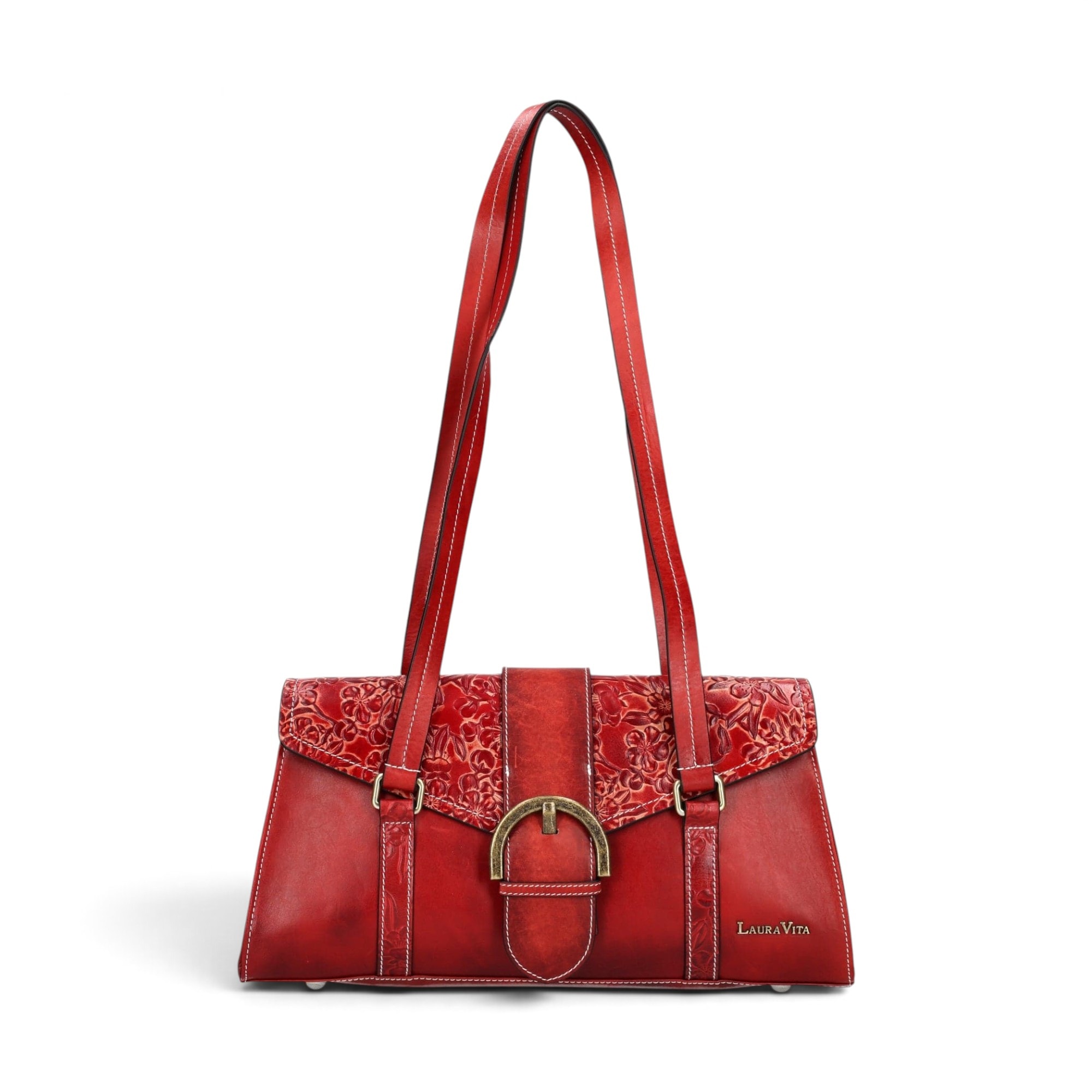 Geantă damă Laura Vita BAYA 01 Wine – piele naturală pictată manual, geantă de umăr și crossbody, 33 × 18 × 15 cm