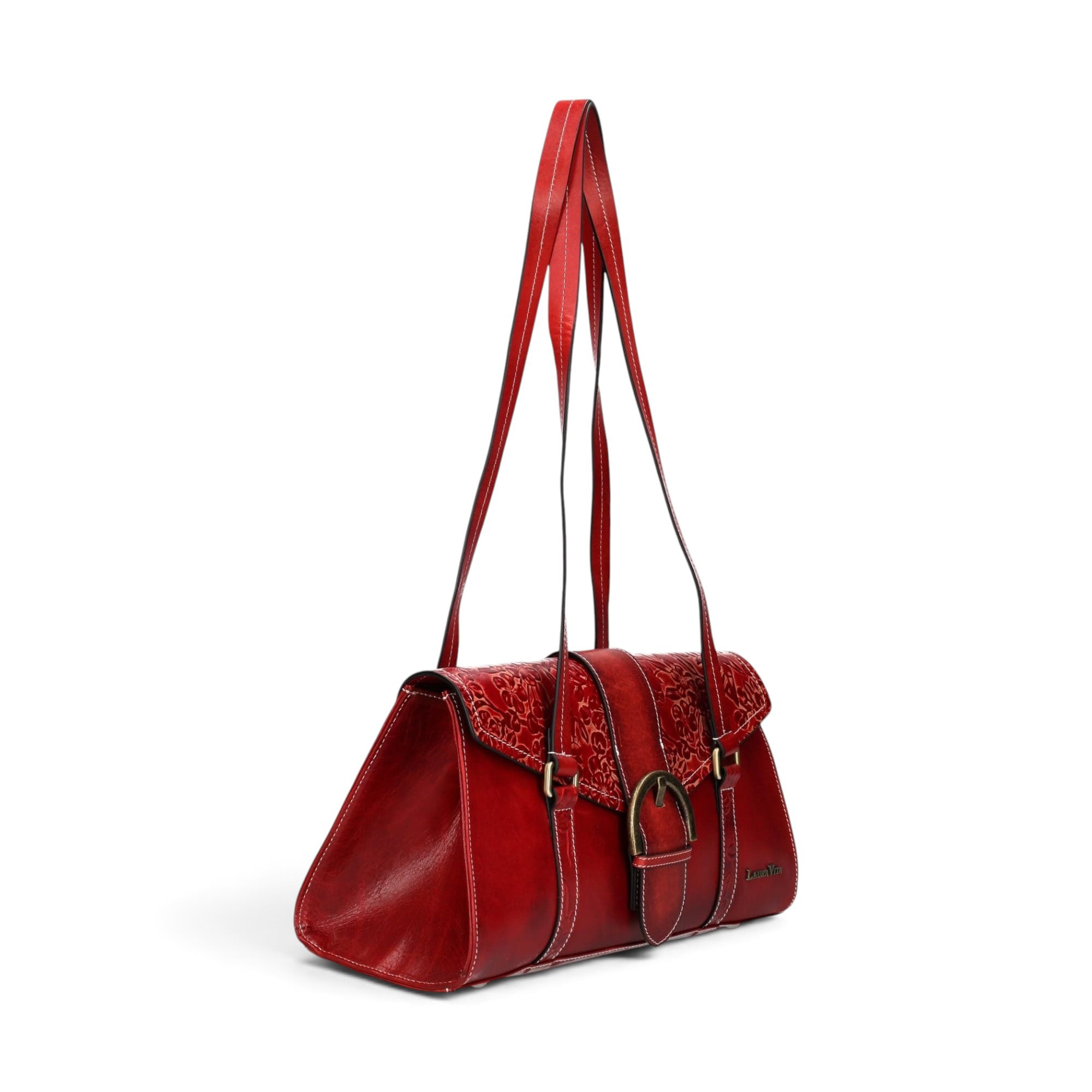 Geantă damă Laura Vita BAYA 01 Wine – piele naturală pictată manual, geantă de umăr și crossbody, 33 × 18 × 15 cm
