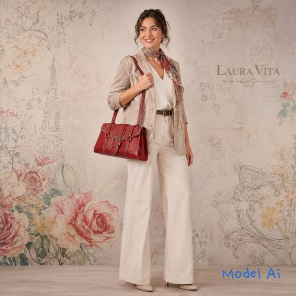 Geantă damă Laura Vita BAYA 01 Wine – piele naturală pictată manual, geantă de umăr și crossbody, 33 × 18 × 15 cm