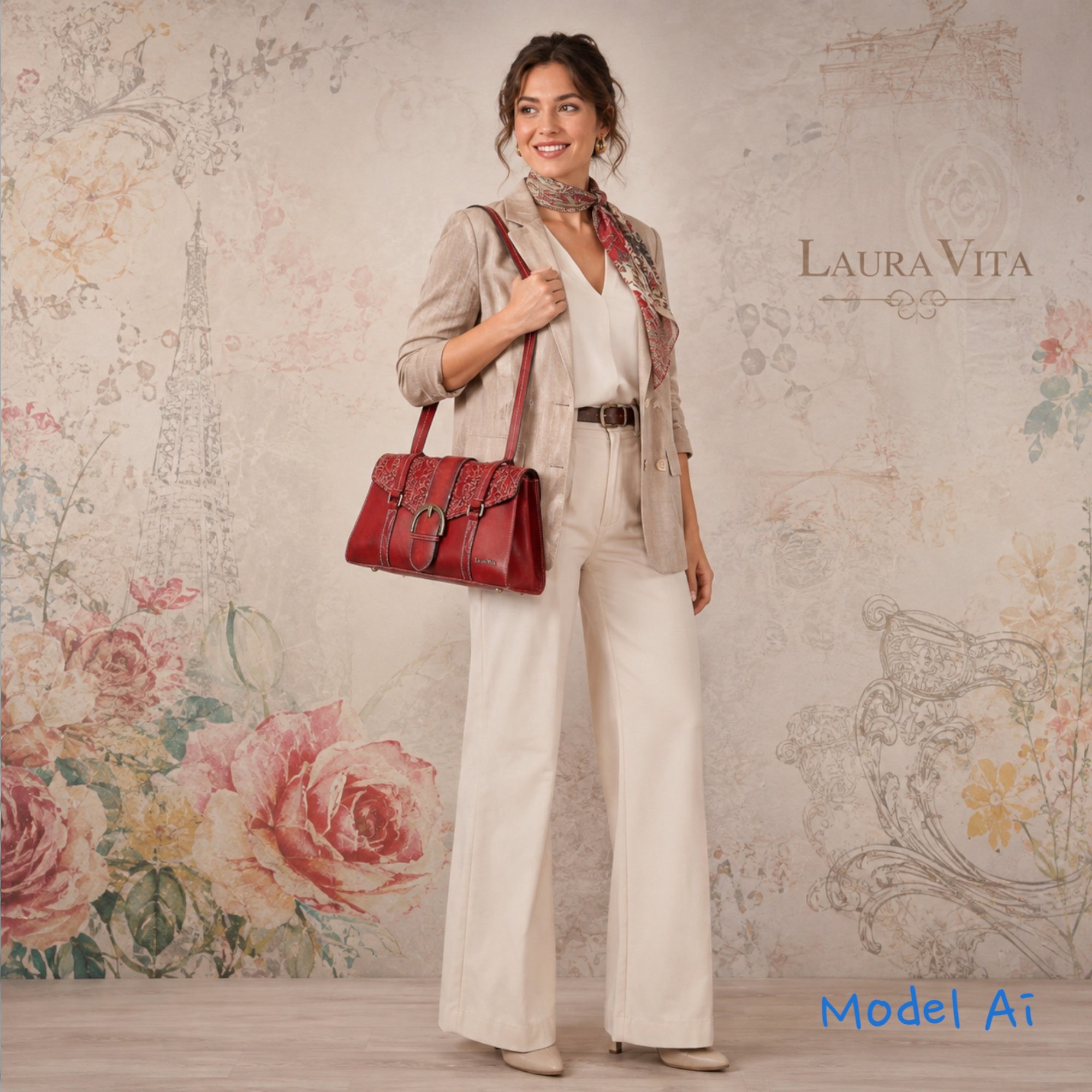 Geantă damă Laura Vita BAYA 01 Wine – piele naturală pictată manual, geantă de umăr și crossbody, 33 × 18 × 15 cm