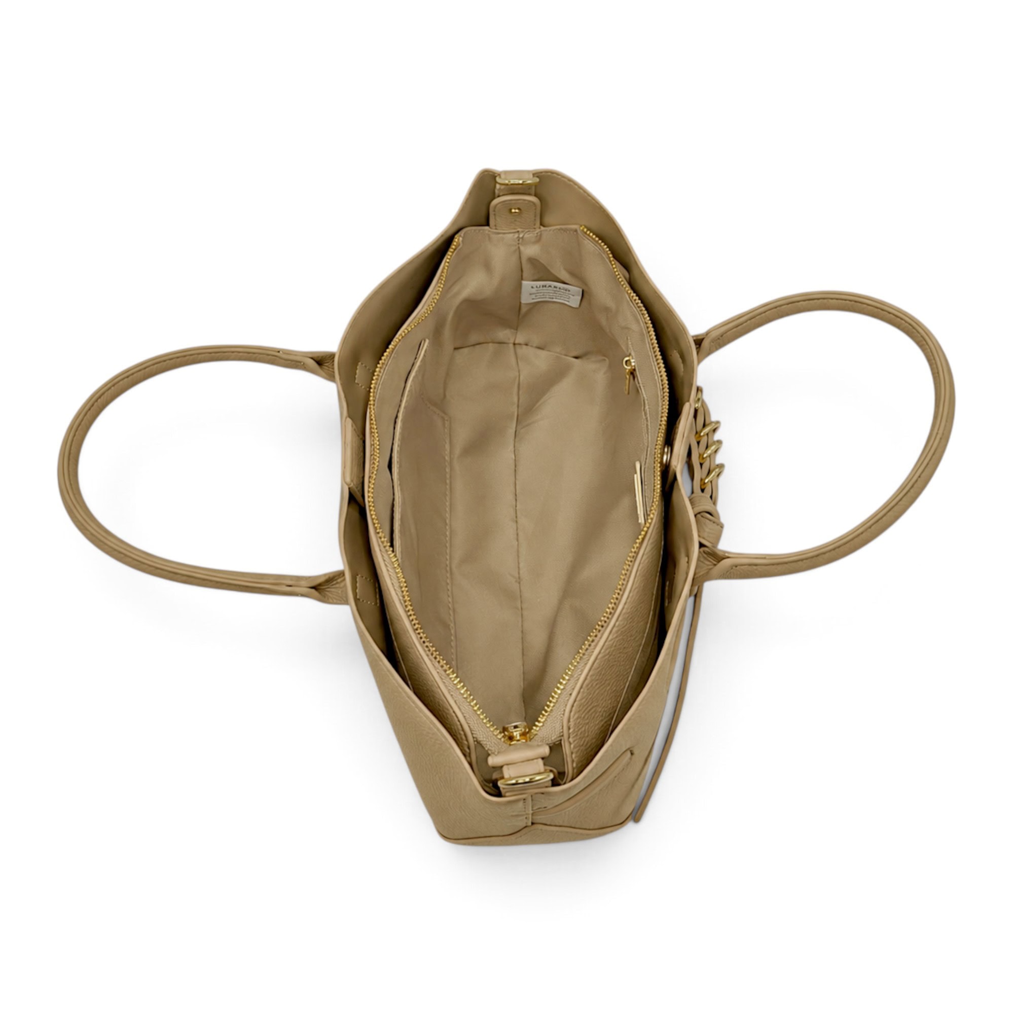 Geantă damă Valentino Creations bej, tote elegant, interior spațios, detalii de calitate.