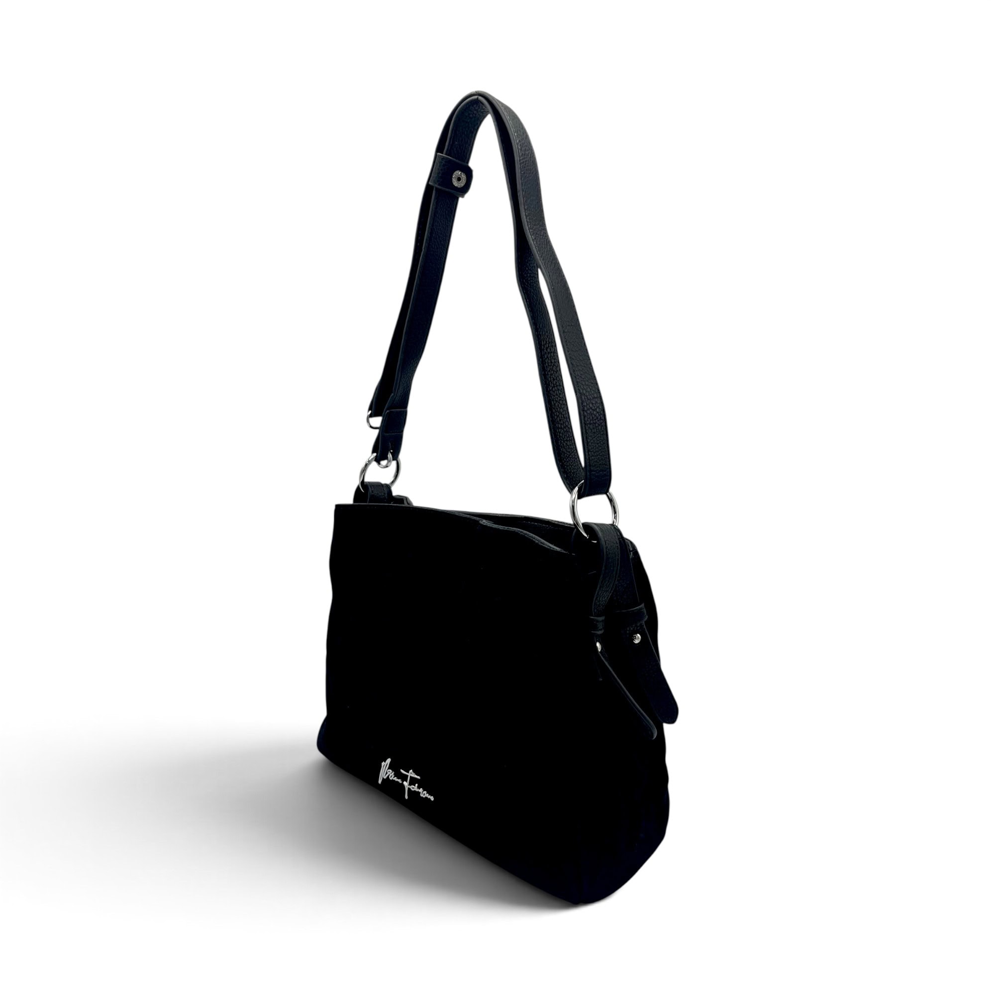 Geantă damă Velina Fabbiano VF25S-555 Negru – mix piele naturală întoarsă și PU, 25 × 30 × 10 cm