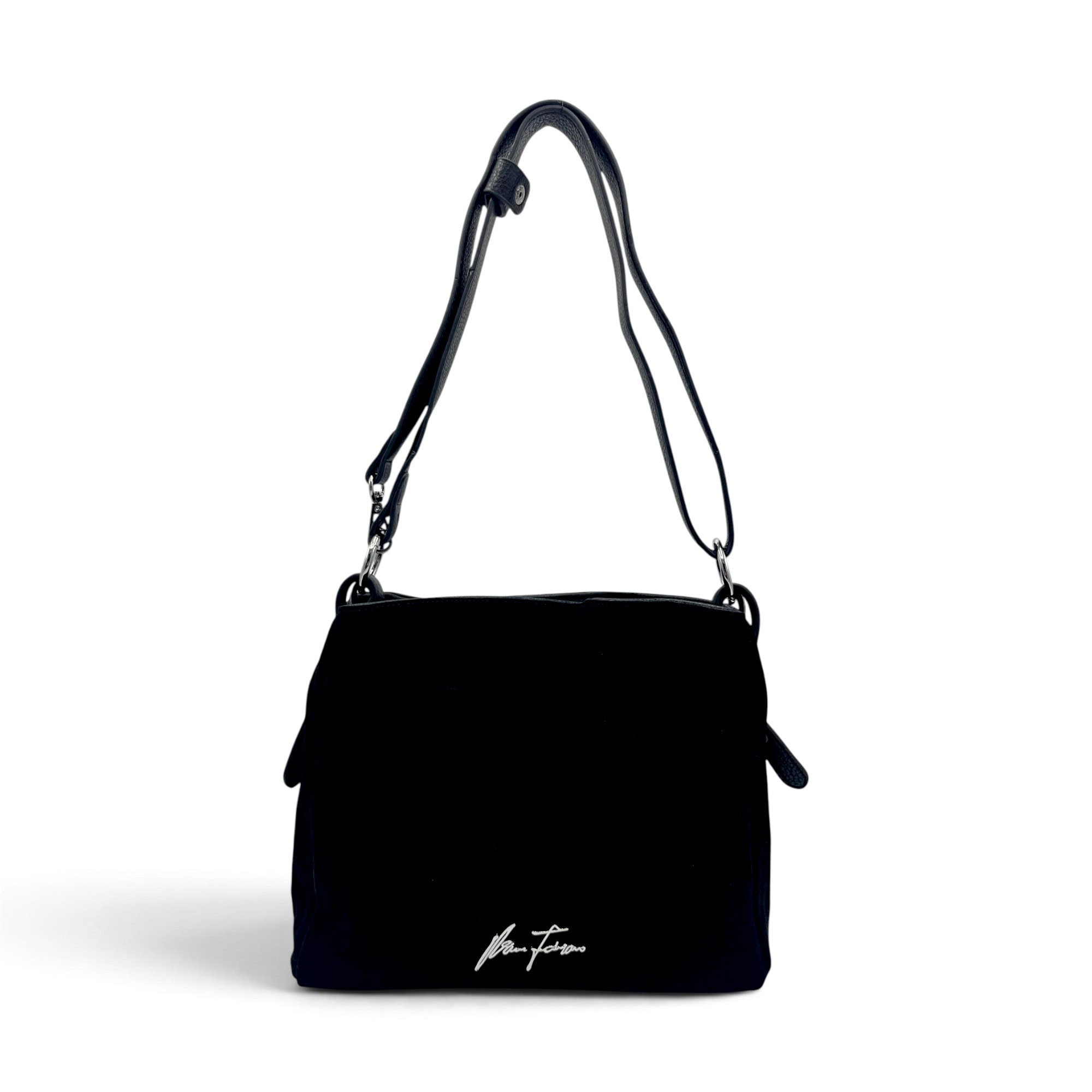 Geantă damă Velina Fabbiano VF25S-555 Negru – mix piele naturală întoarsă și PU, 25 × 30 × 10 cm