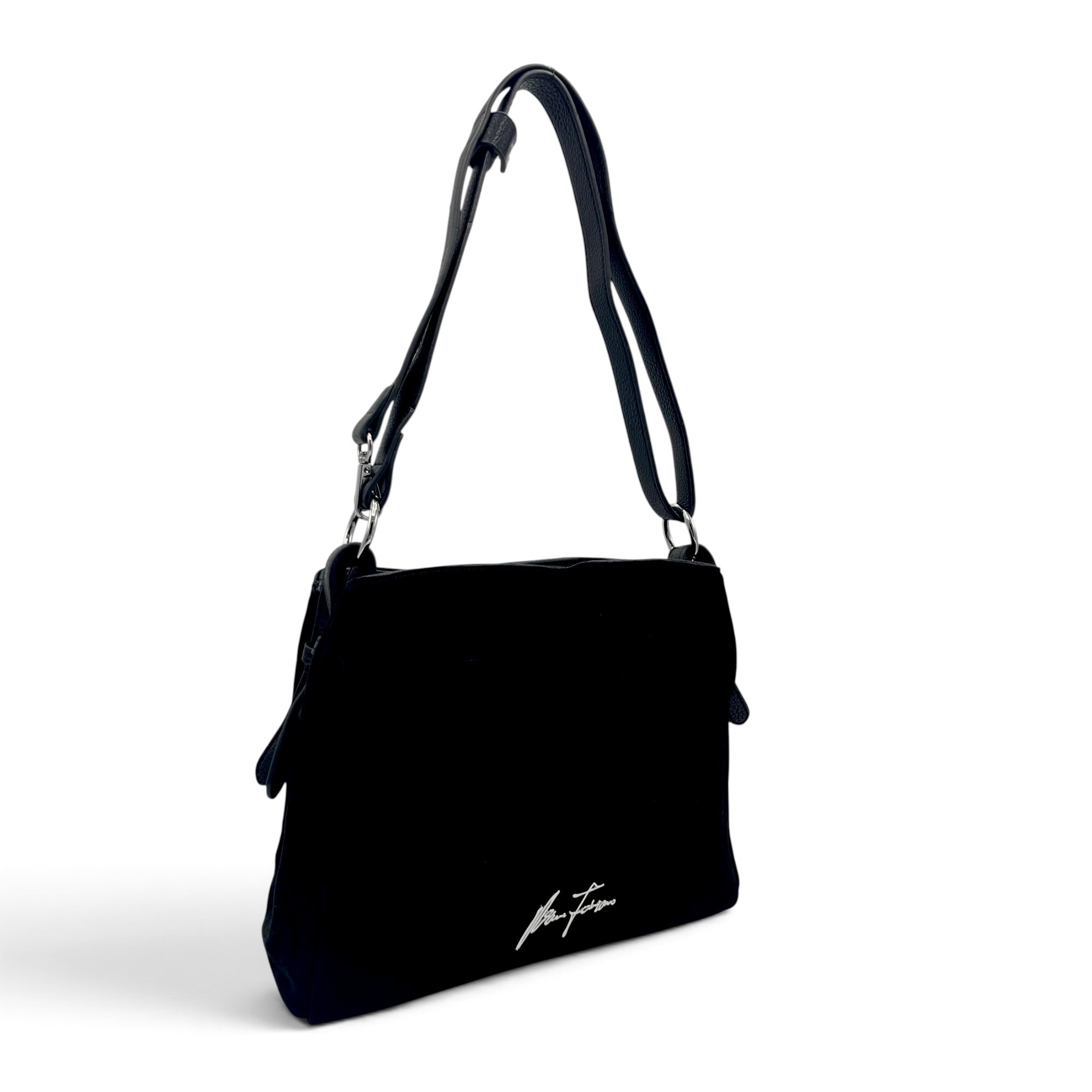 Geantă damă Velina Fabbiano VF25S-555 Negru – mix piele naturală întoarsă și PU, 25 × 30 × 10 cm