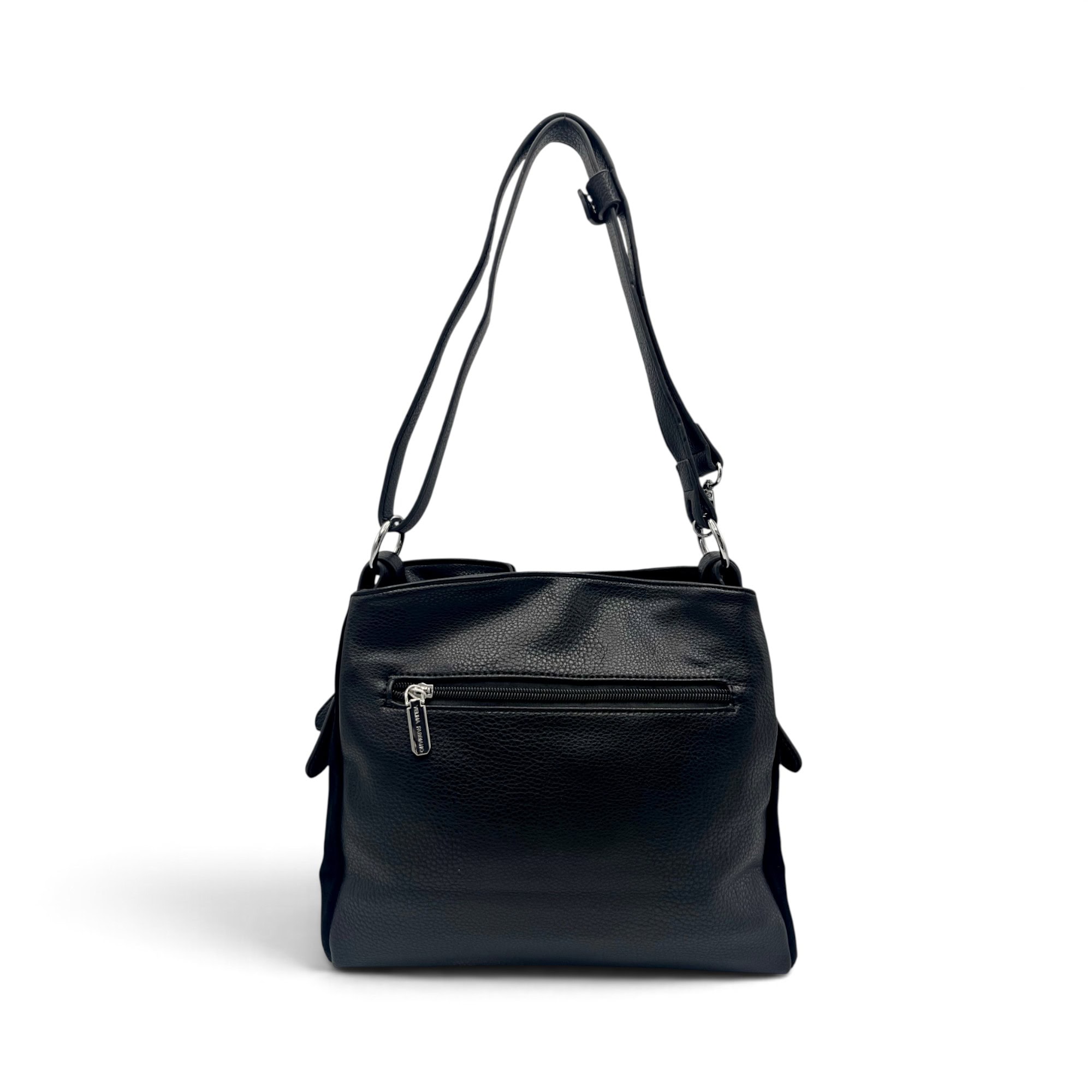Geantă damă Velina Fabbiano VF25S-555 Negru – mix piele naturală întoarsă și PU, 25 × 30 × 10 cm