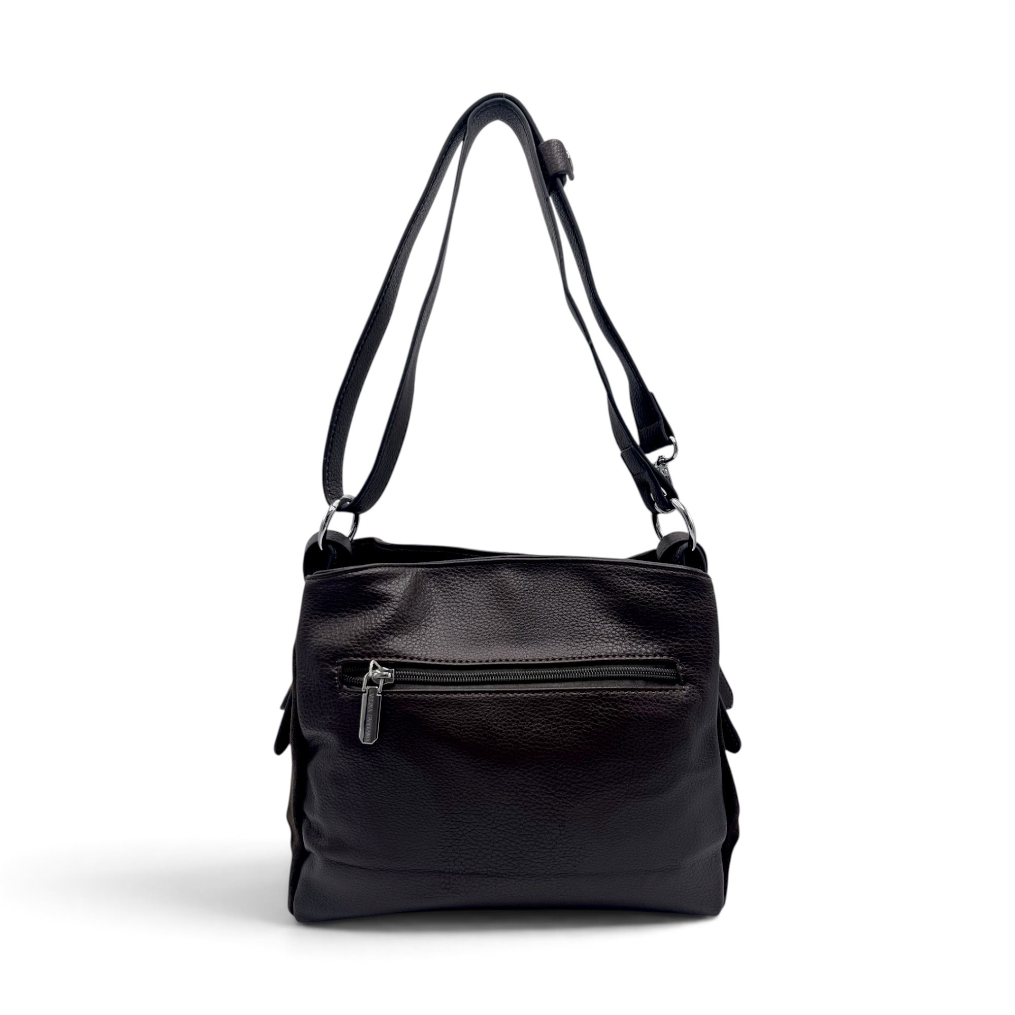 Geantă damă Velina Fabbiano VF25S-555 Coffee – mix piele naturală întoarsă și PU, 25 × 30 × 10 cm