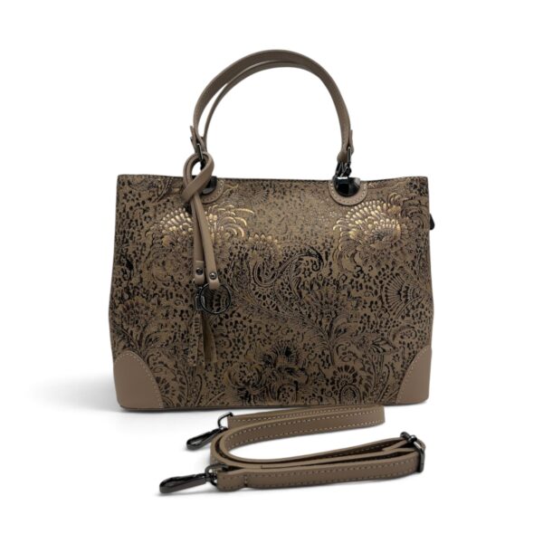 Geantă damă din piele naturală florală Belle Monique BM185 – Taupe Cappuccino cu accente aurii | Design Italian Elegant, Compartimentare Dublă