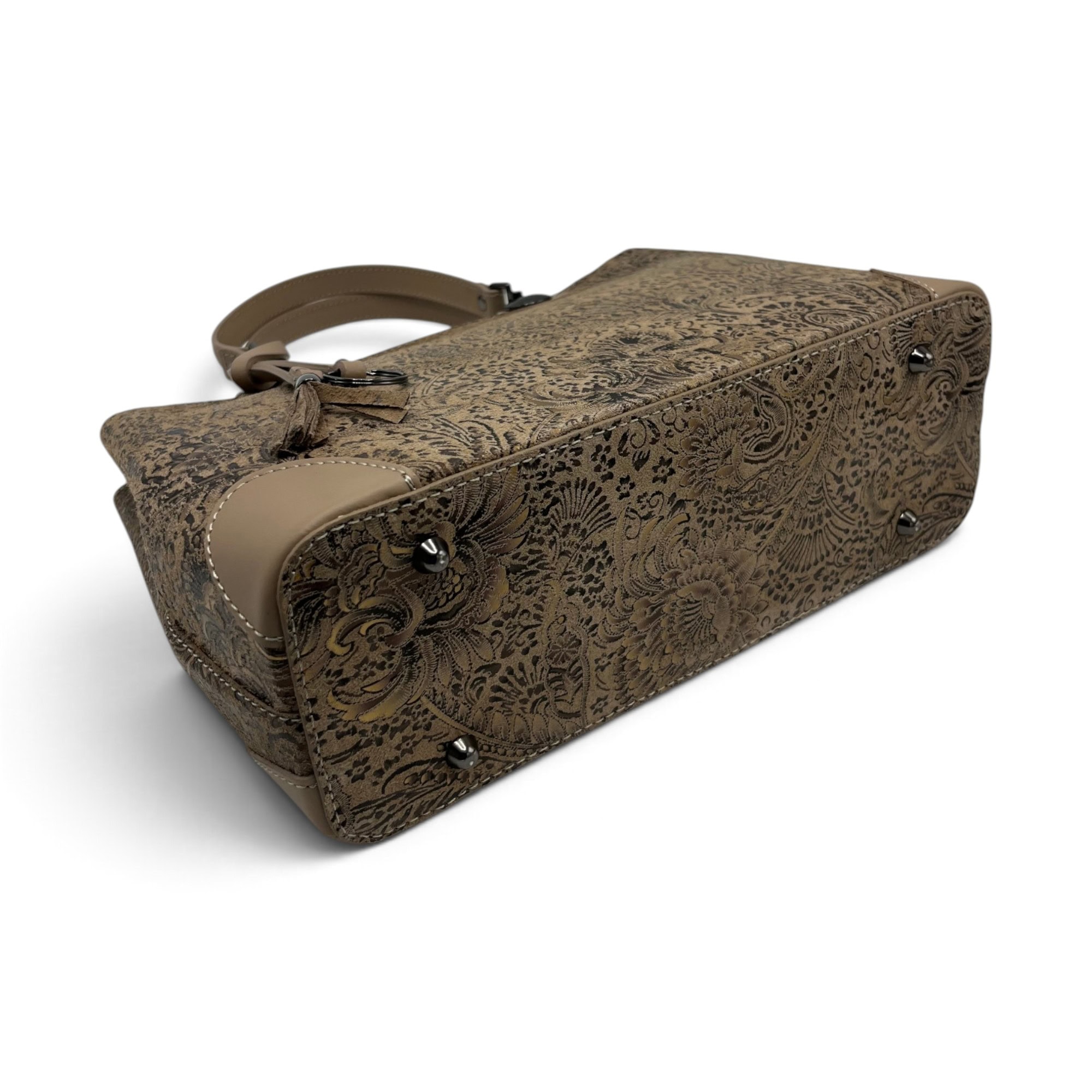 Geantă damă din piele naturală florală Belle Monique BM185 – Taupe Cappuccino cu accente aurii | Design Italian Elegant, Compartimentare Dublă
