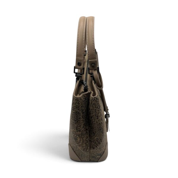 Geantă damă din piele naturală florală Belle Monique BM185 – Taupe Cappuccino cu accente aurii | Design Italian Elegant, Compartimentare Dublă