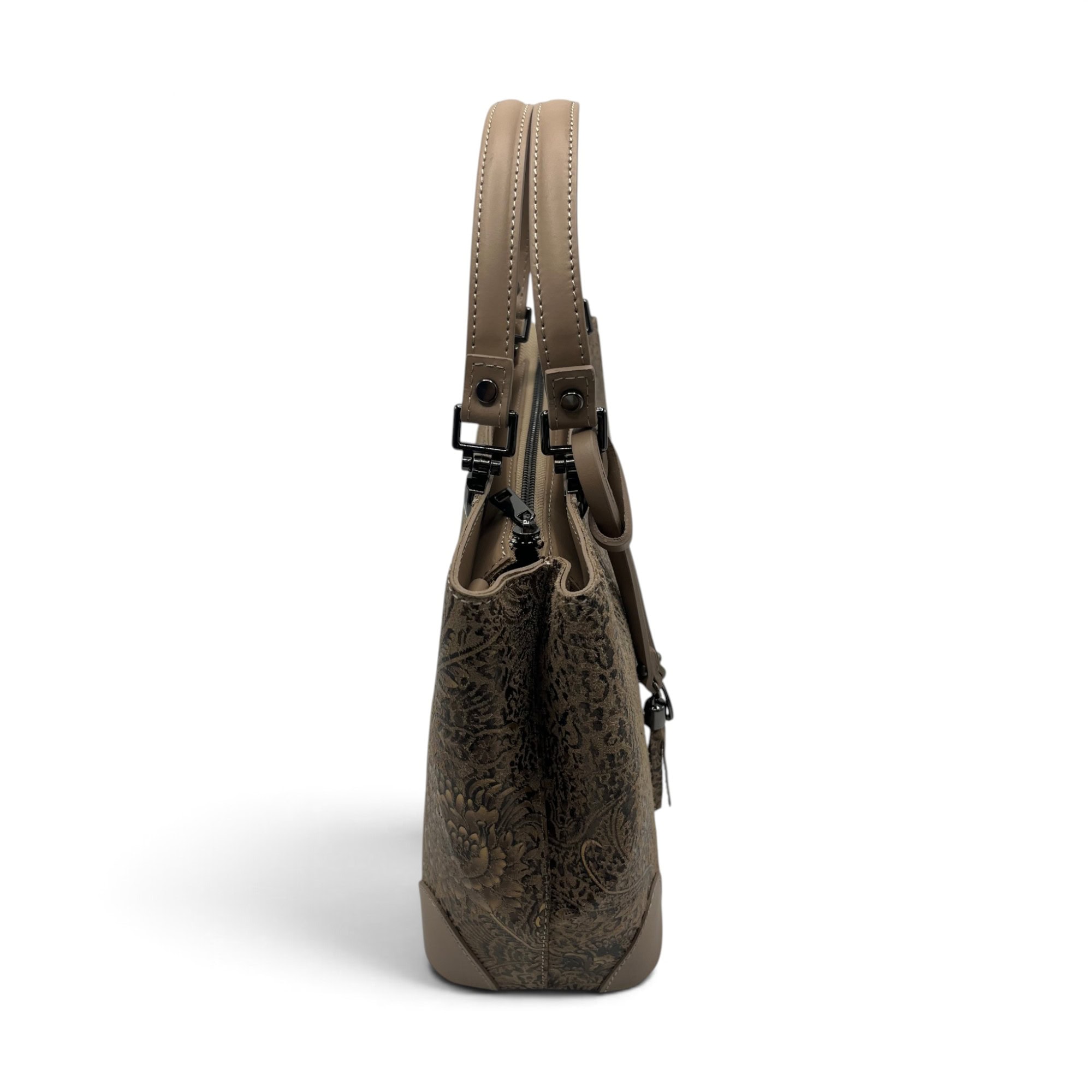Geantă damă din piele naturală florală Belle Monique BM185 – Taupe Cappuccino cu accente aurii | Design Italian Elegant, Compartimentare Dublă