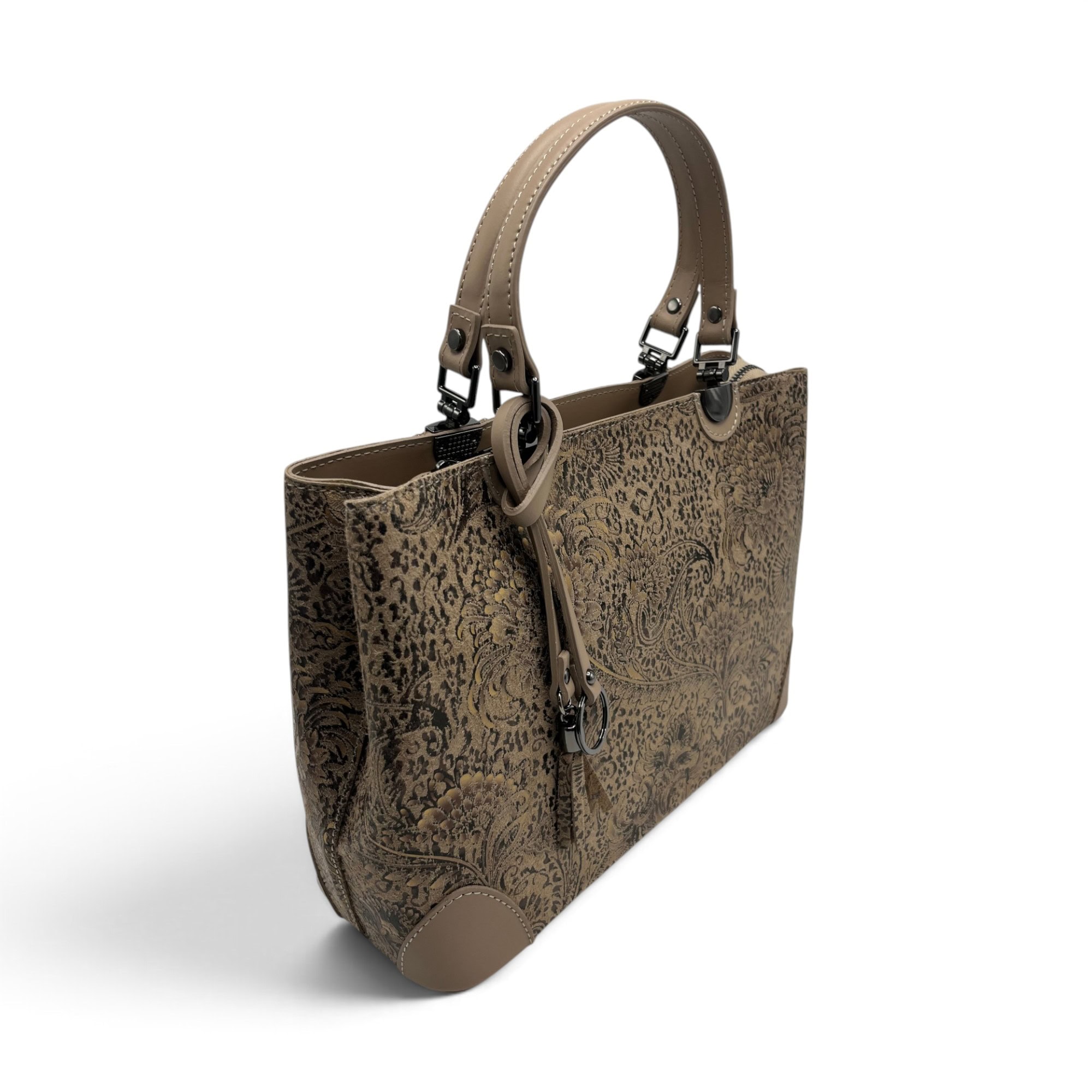 Geantă damă din piele naturală florală Belle Monique BM185 – Taupe Cappuccino cu accente aurii | Design Italian Elegant, Compartimentare Dublă