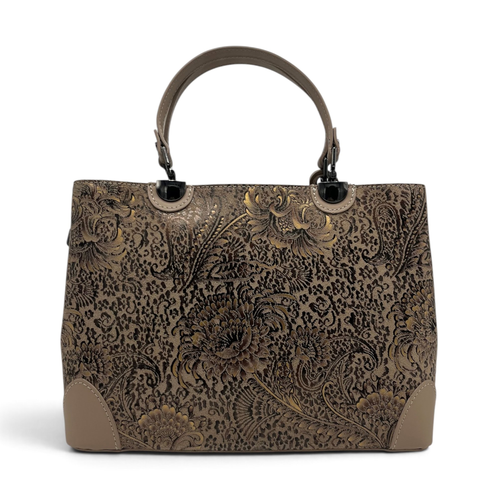 Geantă damă din piele naturală florală Belle Monique BM185 – Taupe Cappuccino cu accente aurii | Design Italian Elegant, Compartimentare Dublă