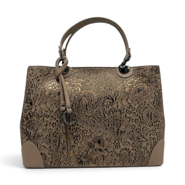 Geantă damă din piele naturală florală Belle Monique BM185 – Taupe Cappuccino cu accente aurii | Design Italian Elegant, Compartimentare Dublă