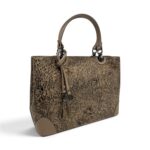Geantă damă din piele naturală florală Belle Monique BM185 – Taupe Cappuccino cu accente aurii | Design Italian Elegant, Compartimentare Dublă