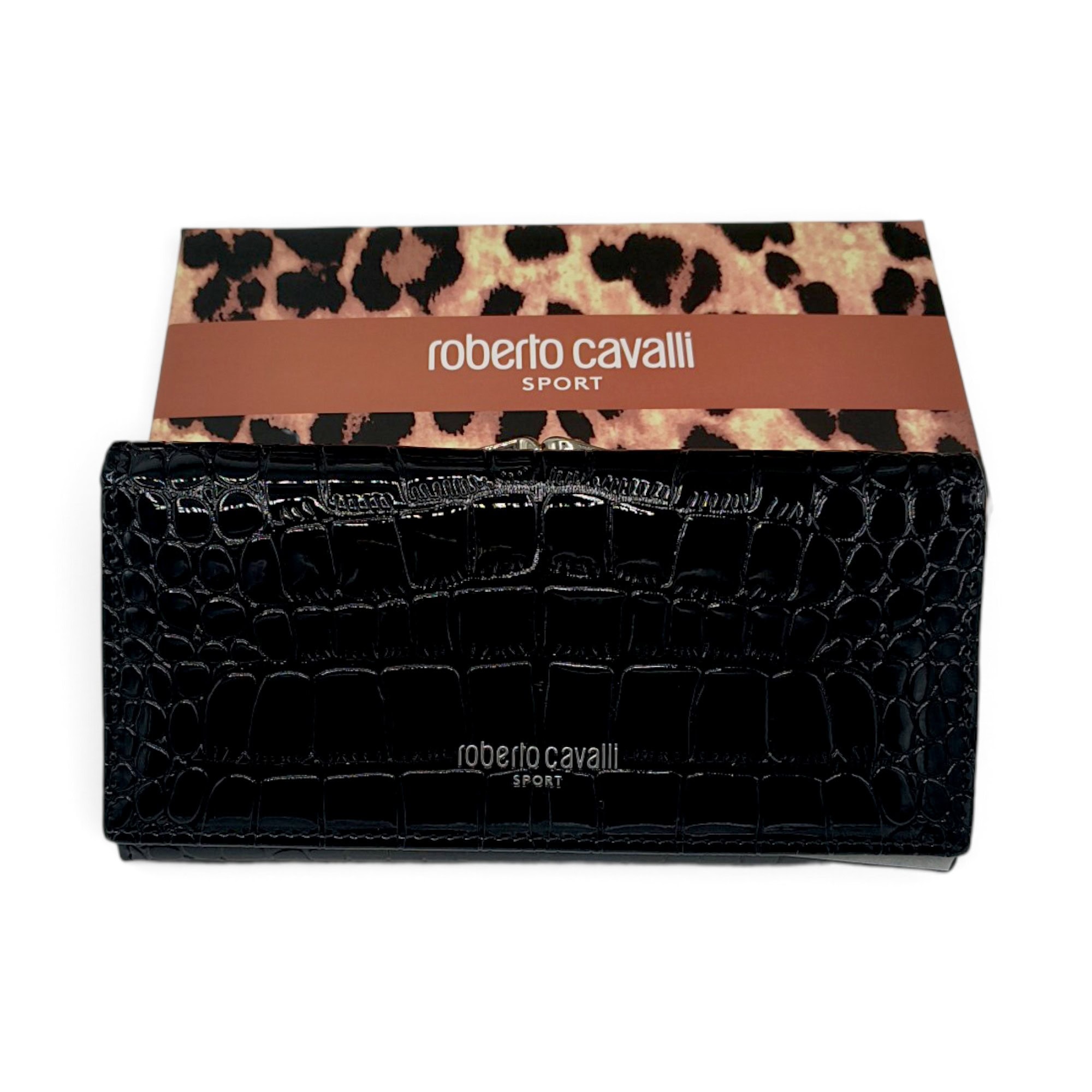 Portofel Damă Roberto Cavalli Sport RCOO6 Negru – Mix Piele și PU, Finisaj Texturat, 18,5 × 9 × 3 cm