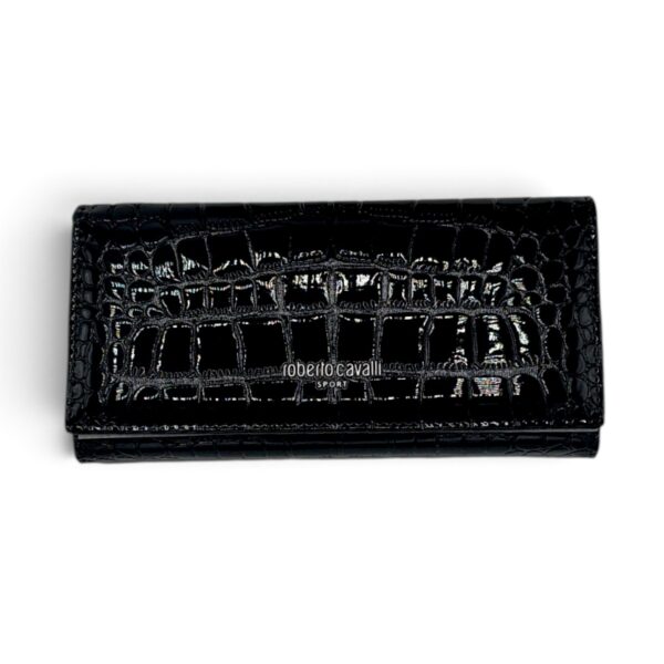 Portofel Damă Roberto Cavalli Sport RCOO6 Negru – Mix Piele și PU, Finisaj Texturat, 18,5 × 9 × 3 cm